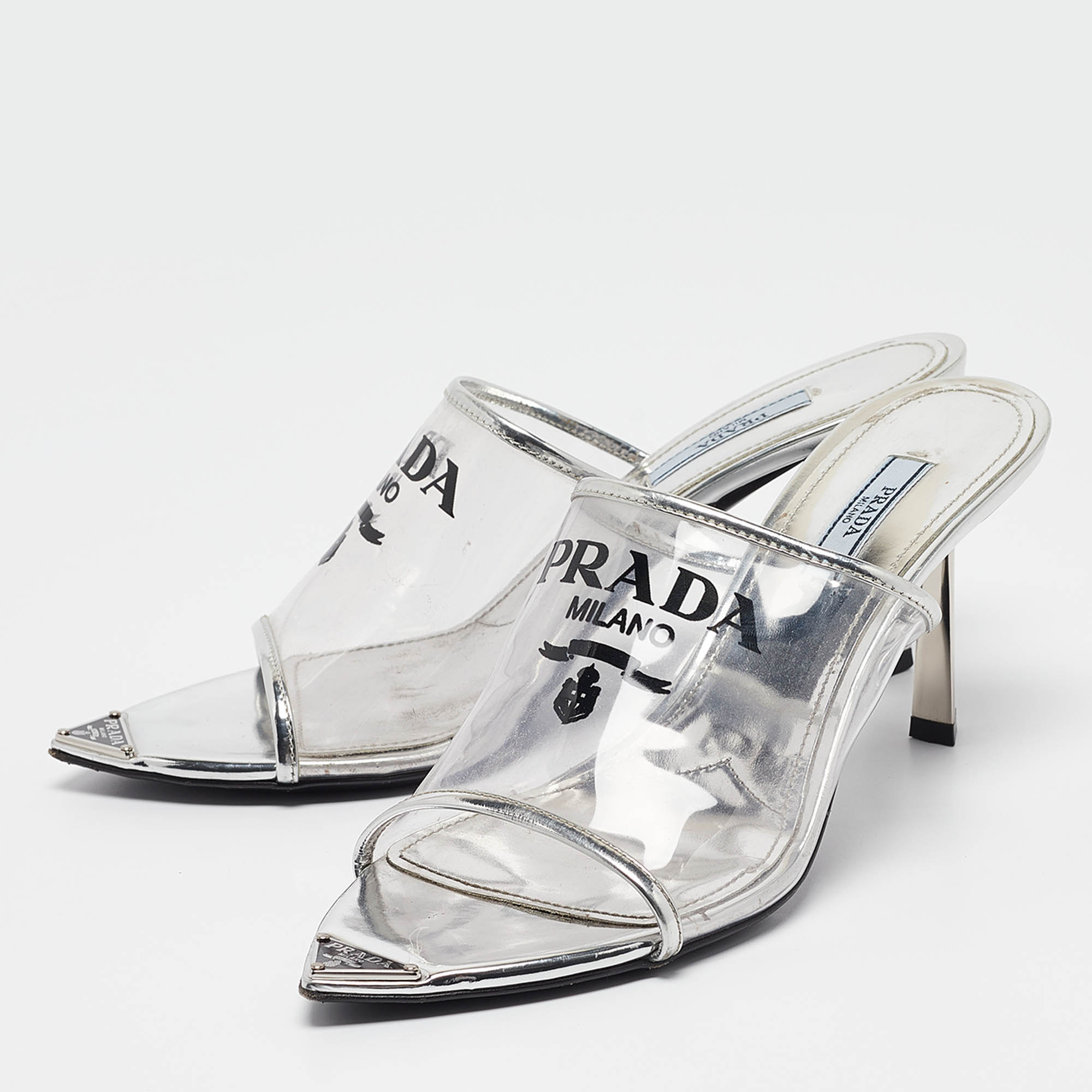 Prada Transparent PVC Logo Print Slide Sandals Size 38