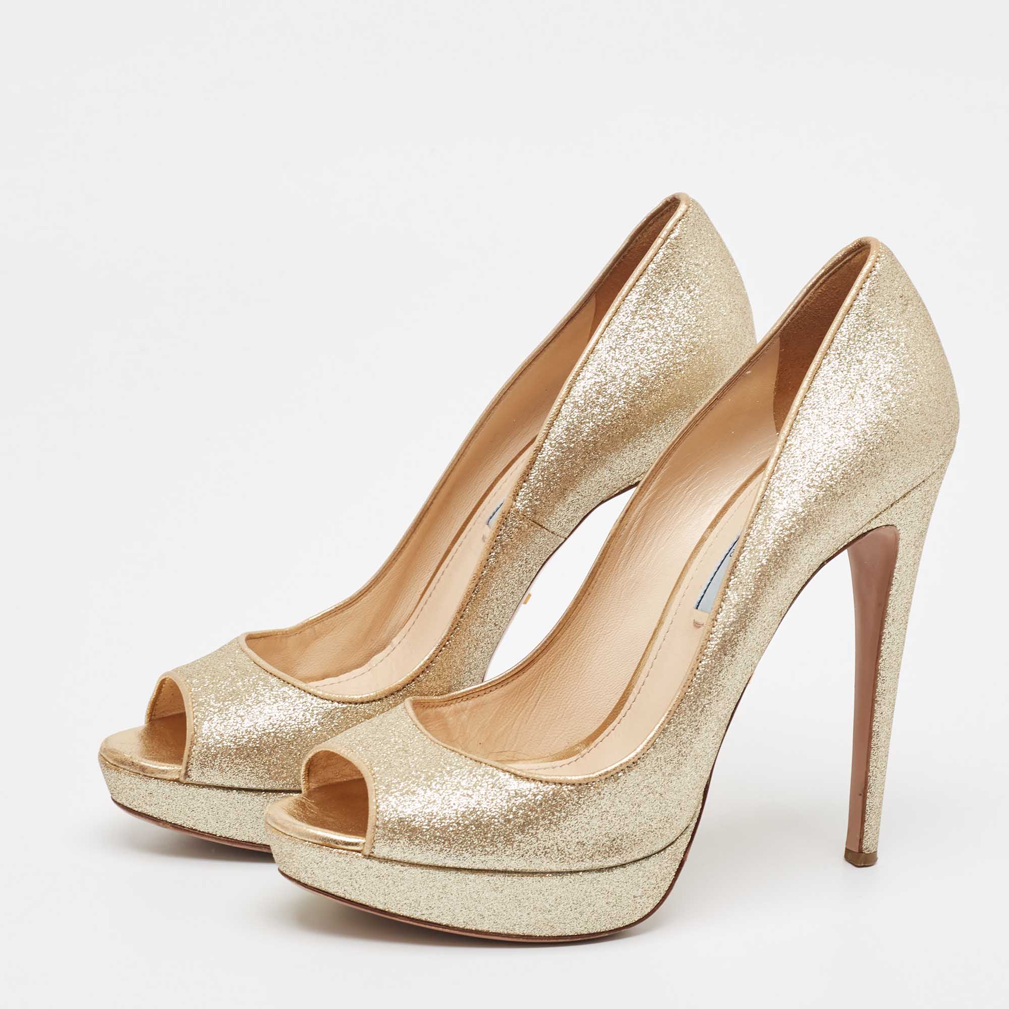 Prada Gold Glitter Peep Toe Platform Pumps Size 38