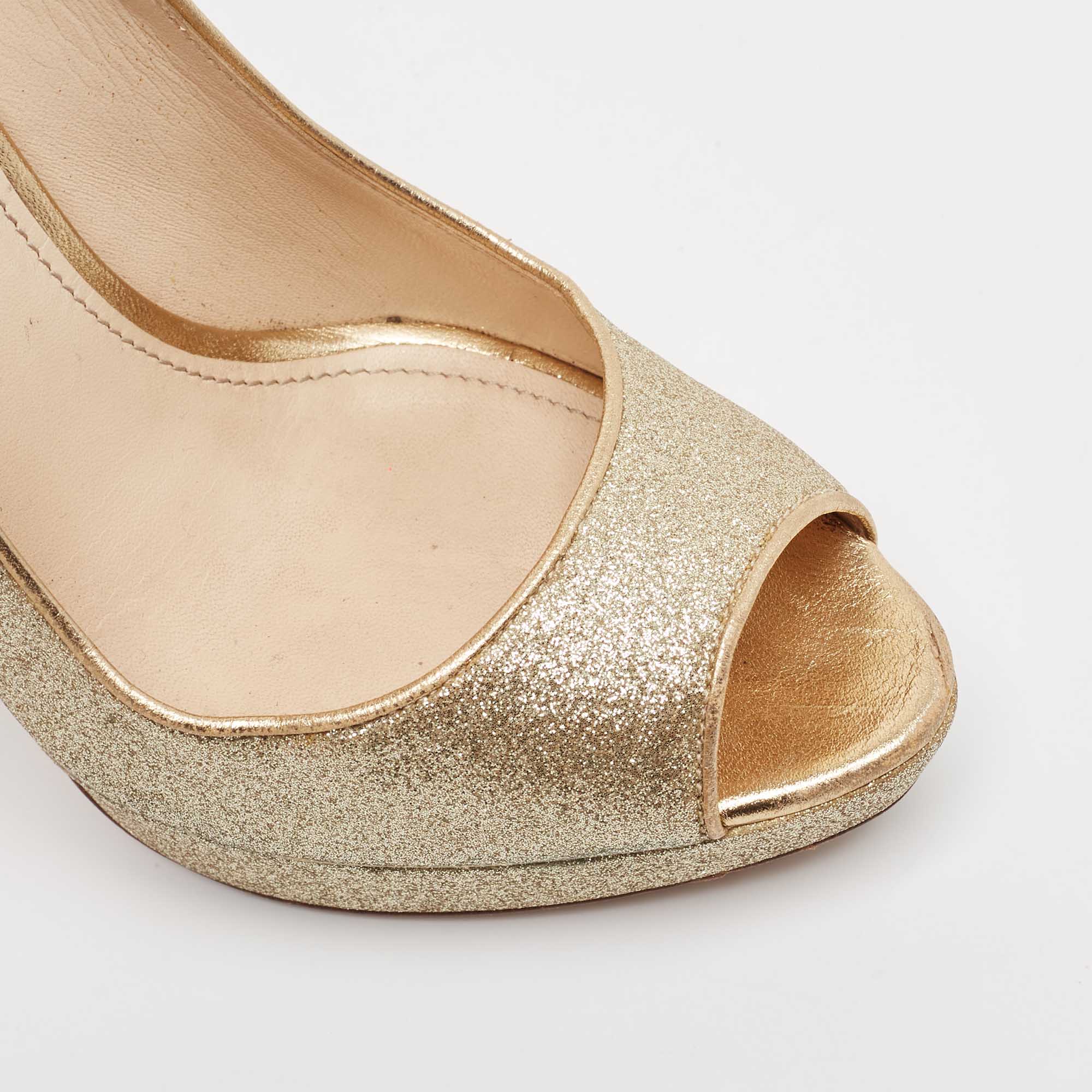 Prada Gold Glitter Peep Toe Platform Pumps Size 38