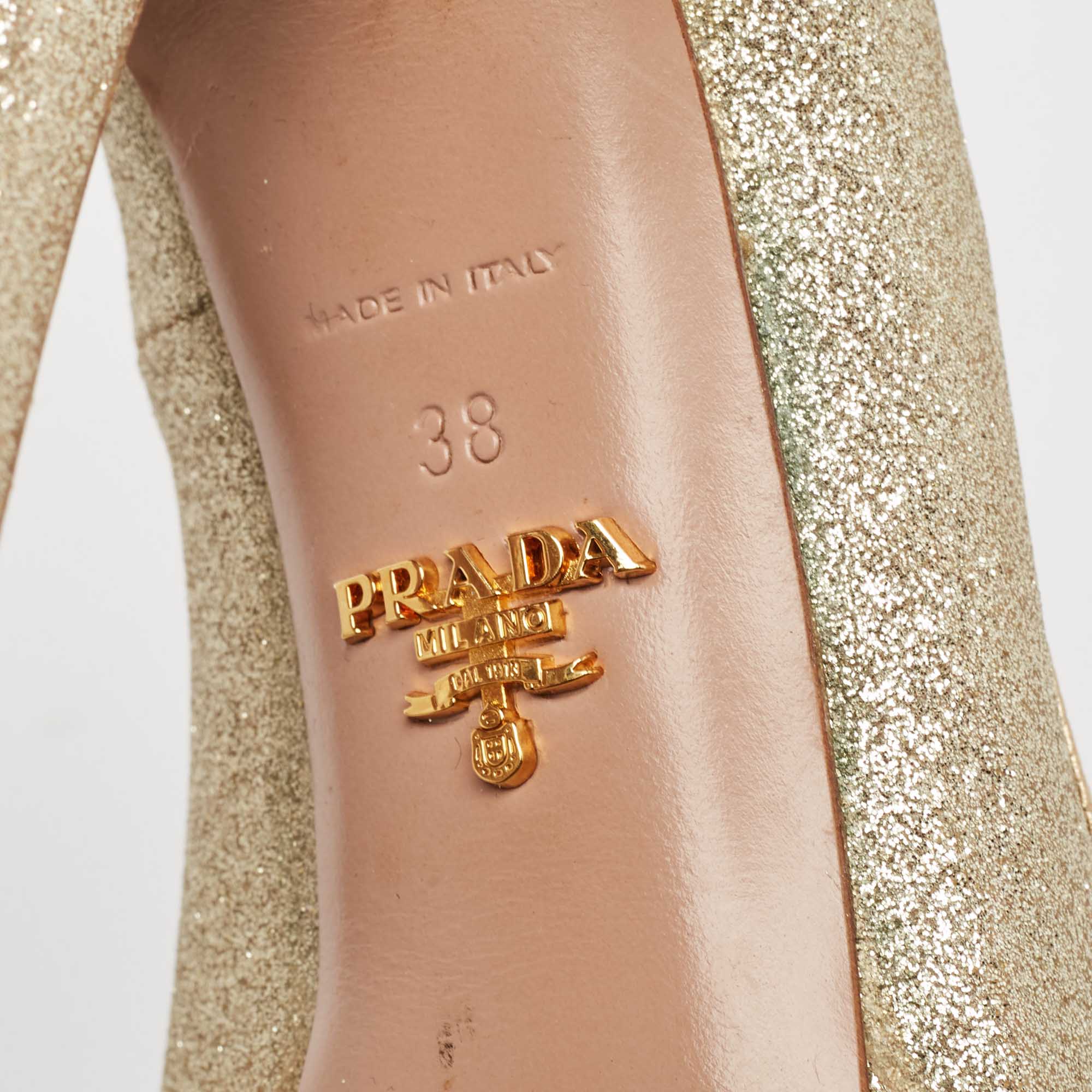 Prada Gold Glitter Peep Toe Platform Pumps Size 38