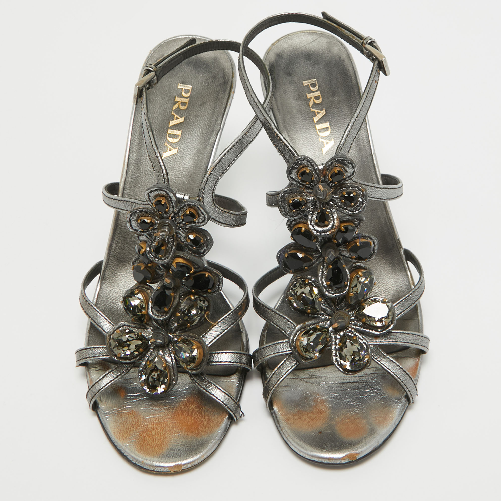 Prada Grey Leather Crystal Embellished Ankle Strap Sandals Size 37.5