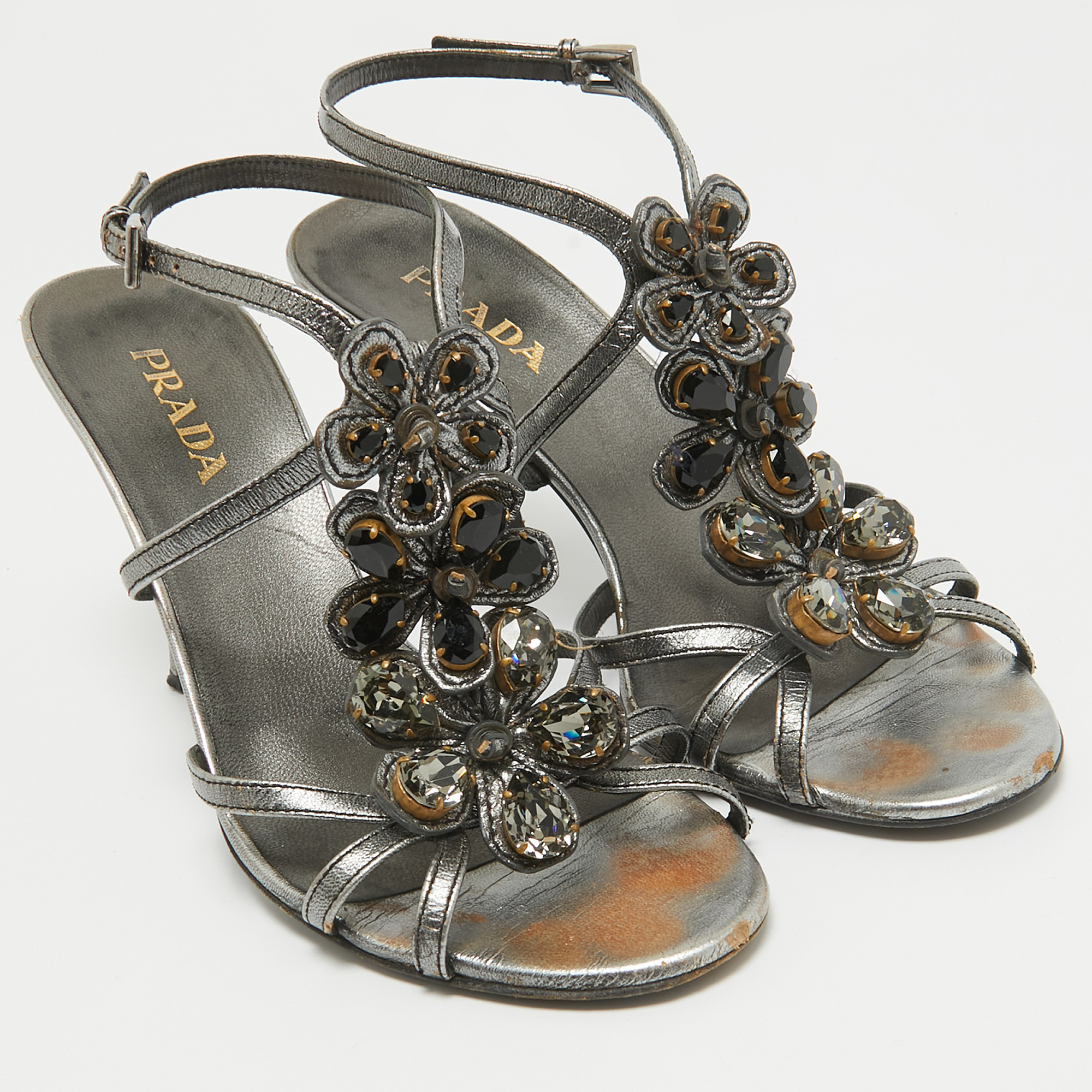 Prada Grey Leather Crystal Embellished Ankle Strap Sandals Size 37.5