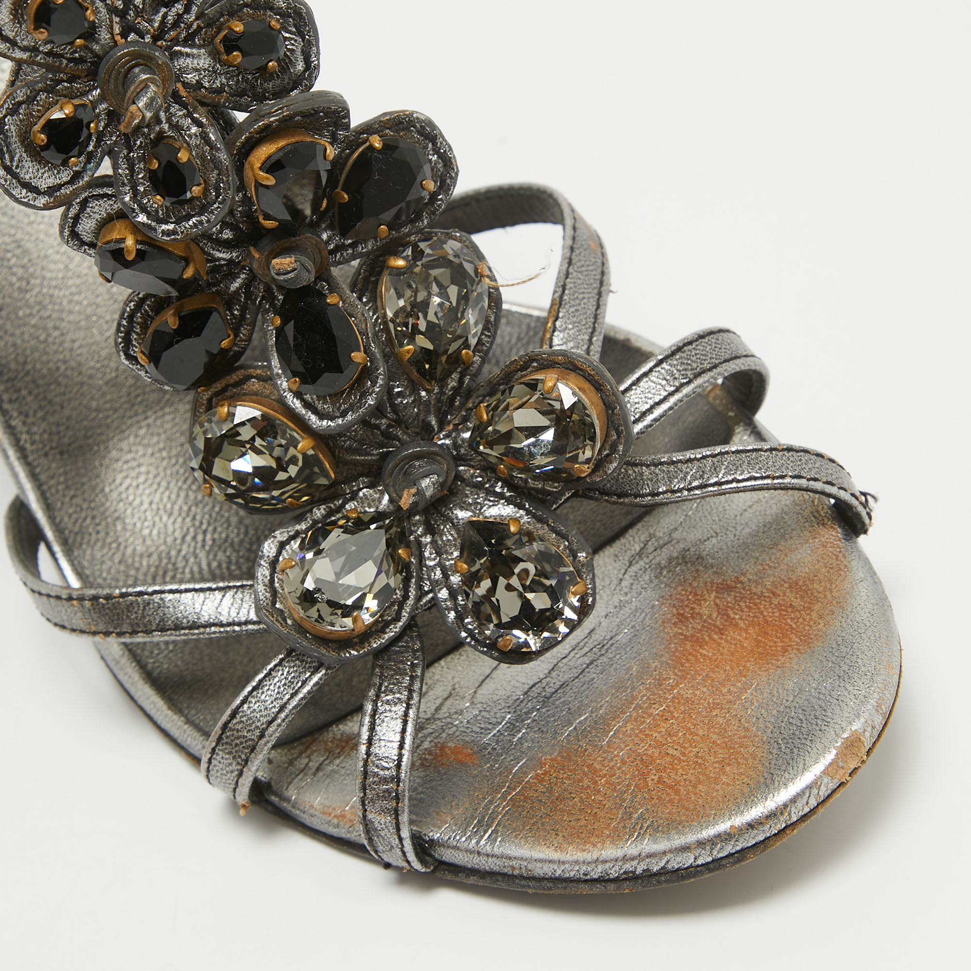 Prada Grey Leather Crystal Embellished Ankle Strap Sandals Size 37.5