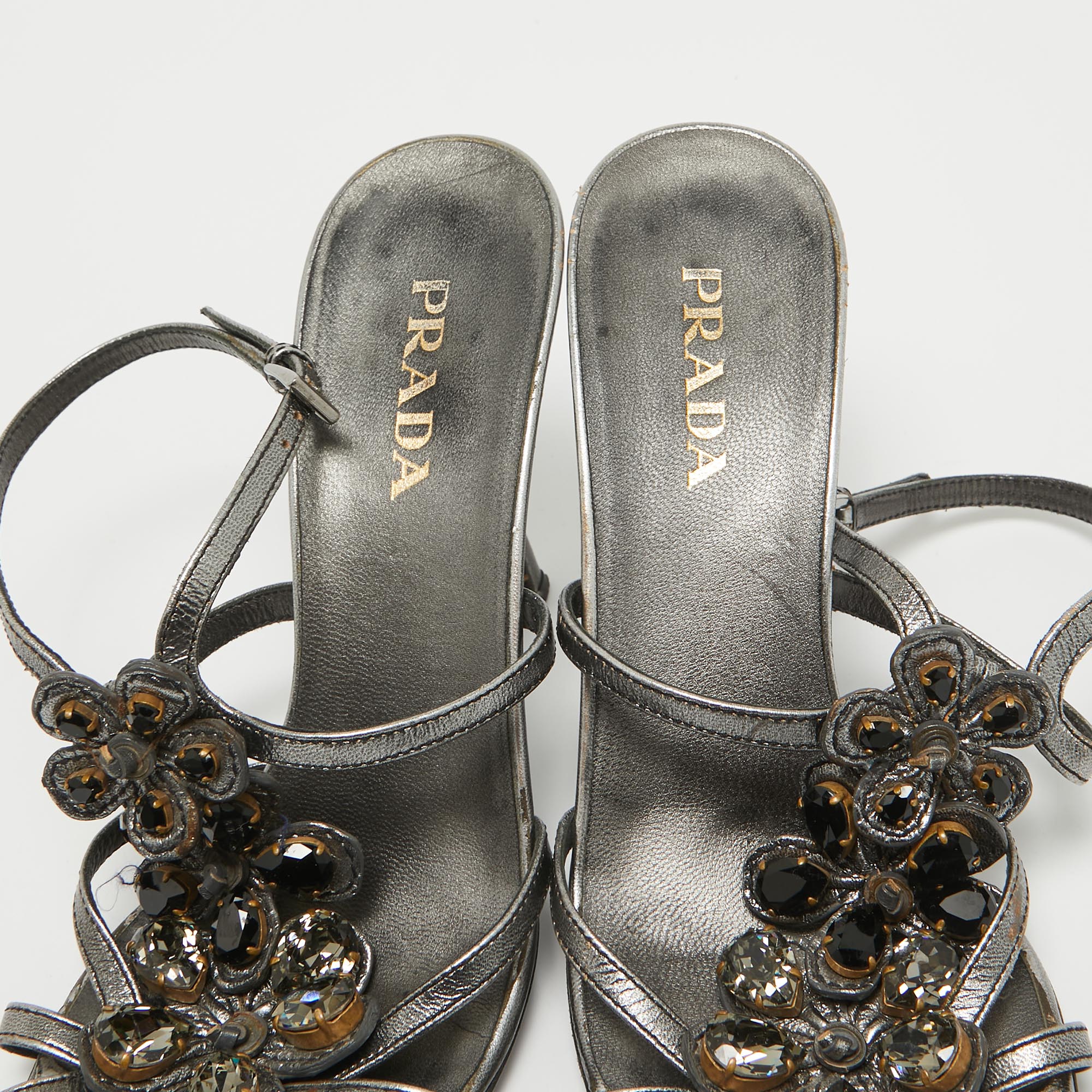 Prada Grey Leather Crystal Embellished Ankle Strap Sandals Size 37.5