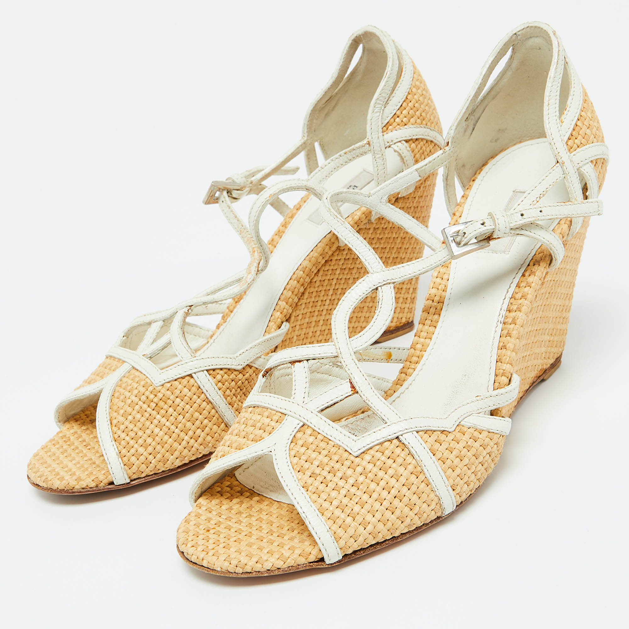 Prada Beige/White Raffia And Leather Wedge Sandals Size 38