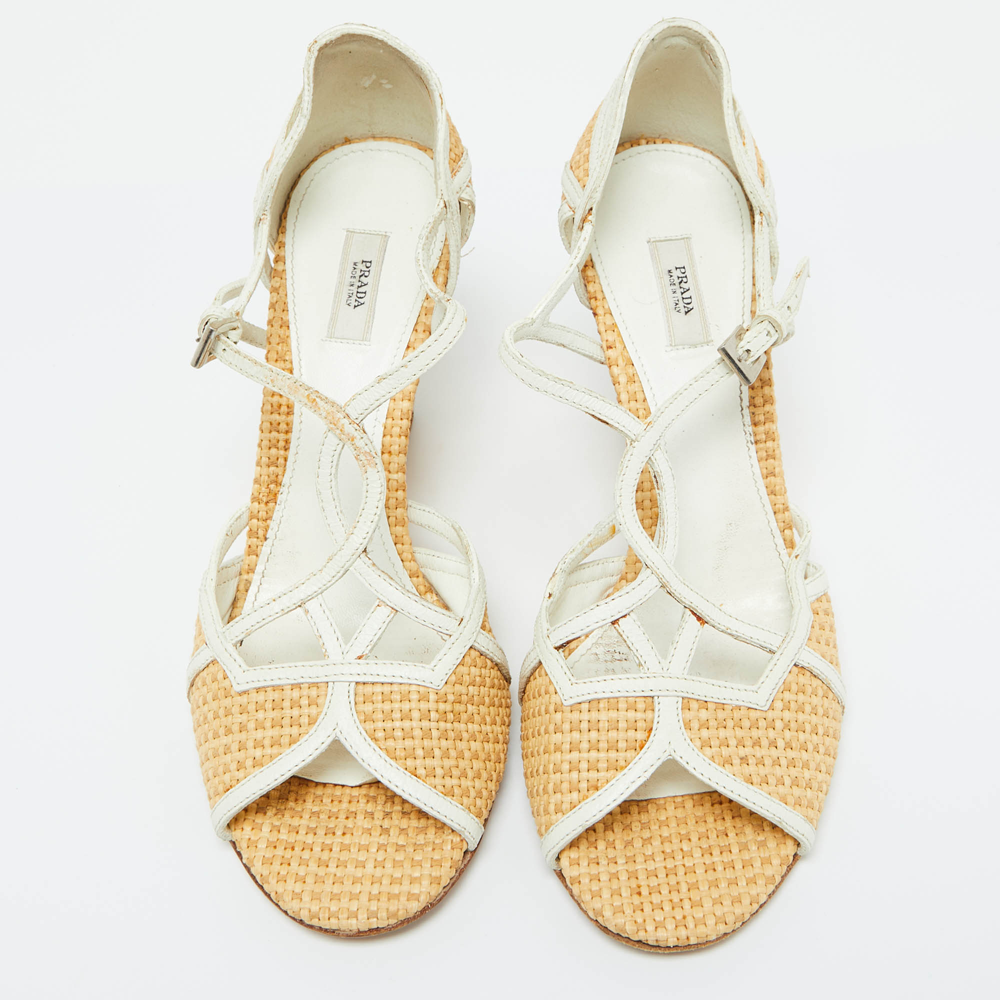 Prada Beige/White Raffia And Leather Wedge Sandals Size 38