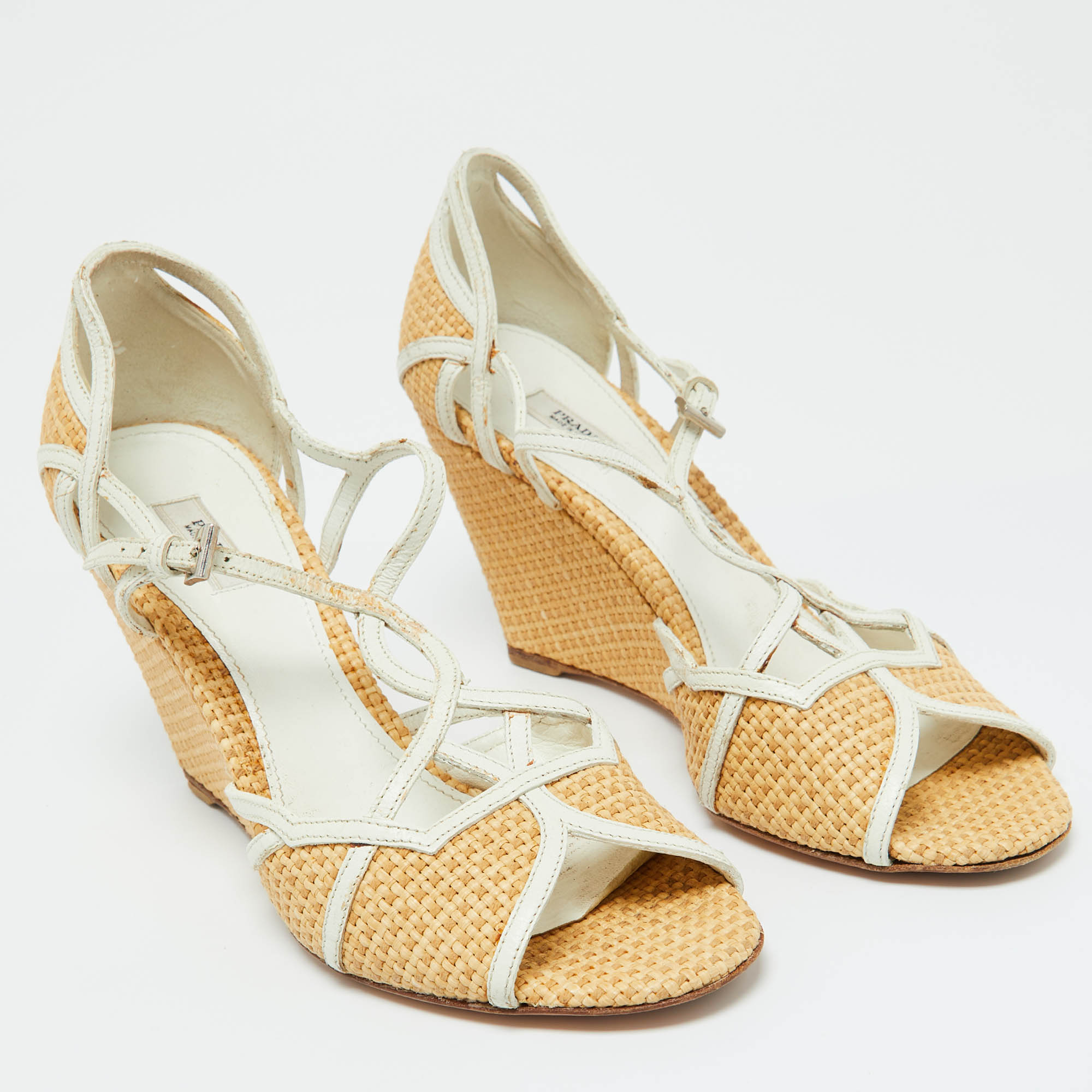 Prada Beige/White Raffia And Leather Wedge Sandals Size 38