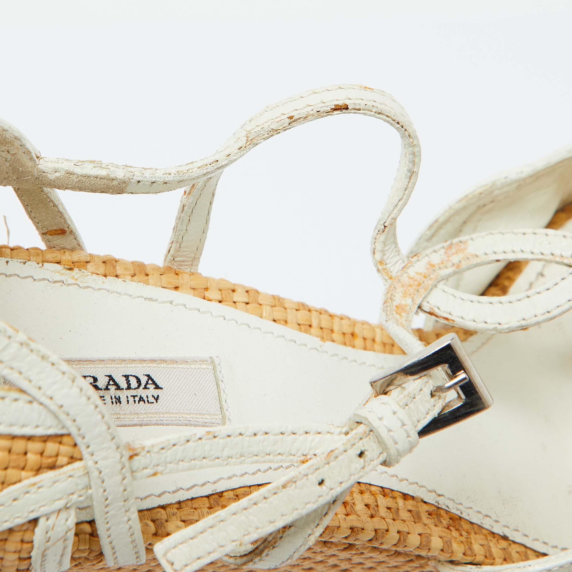 Prada Beige/White Raffia And Leather Wedge Sandals Size 38