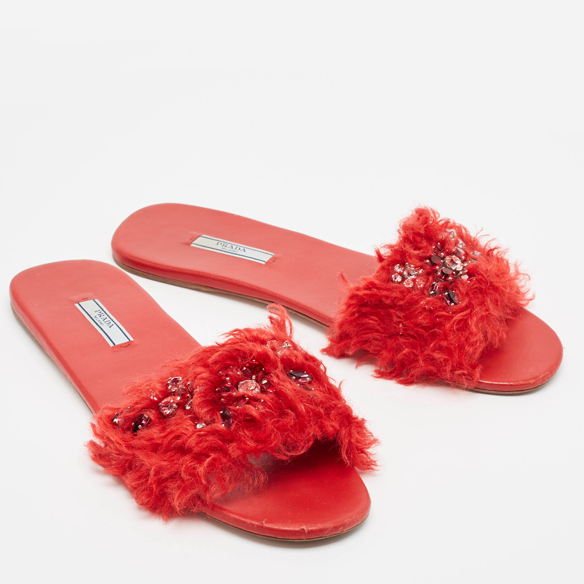 Prada Red Fur And Leather Crystal Embellished Flat Slides Size 41