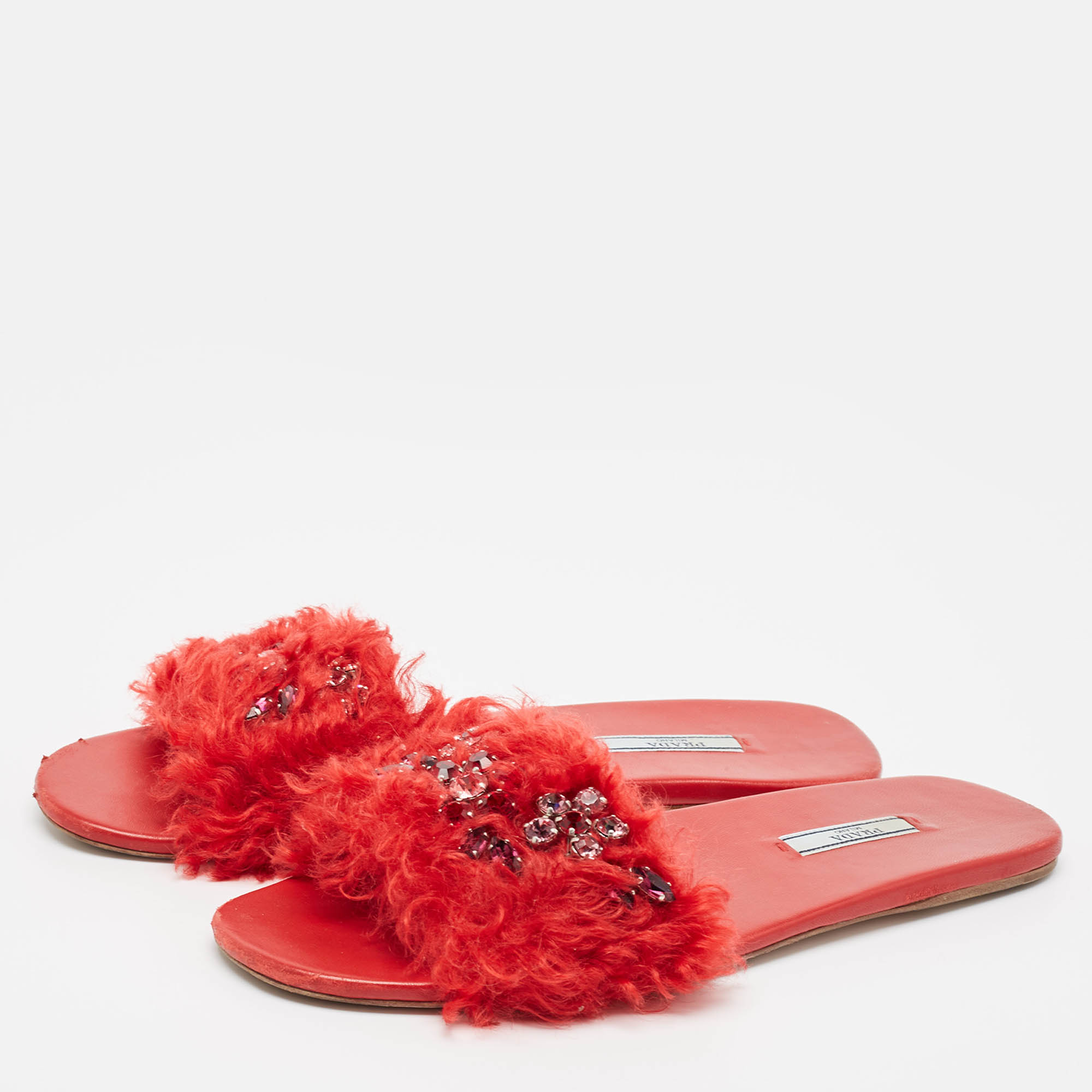 Prada Red Fur And Leather Crystal Embellished Flat Slides Size 41