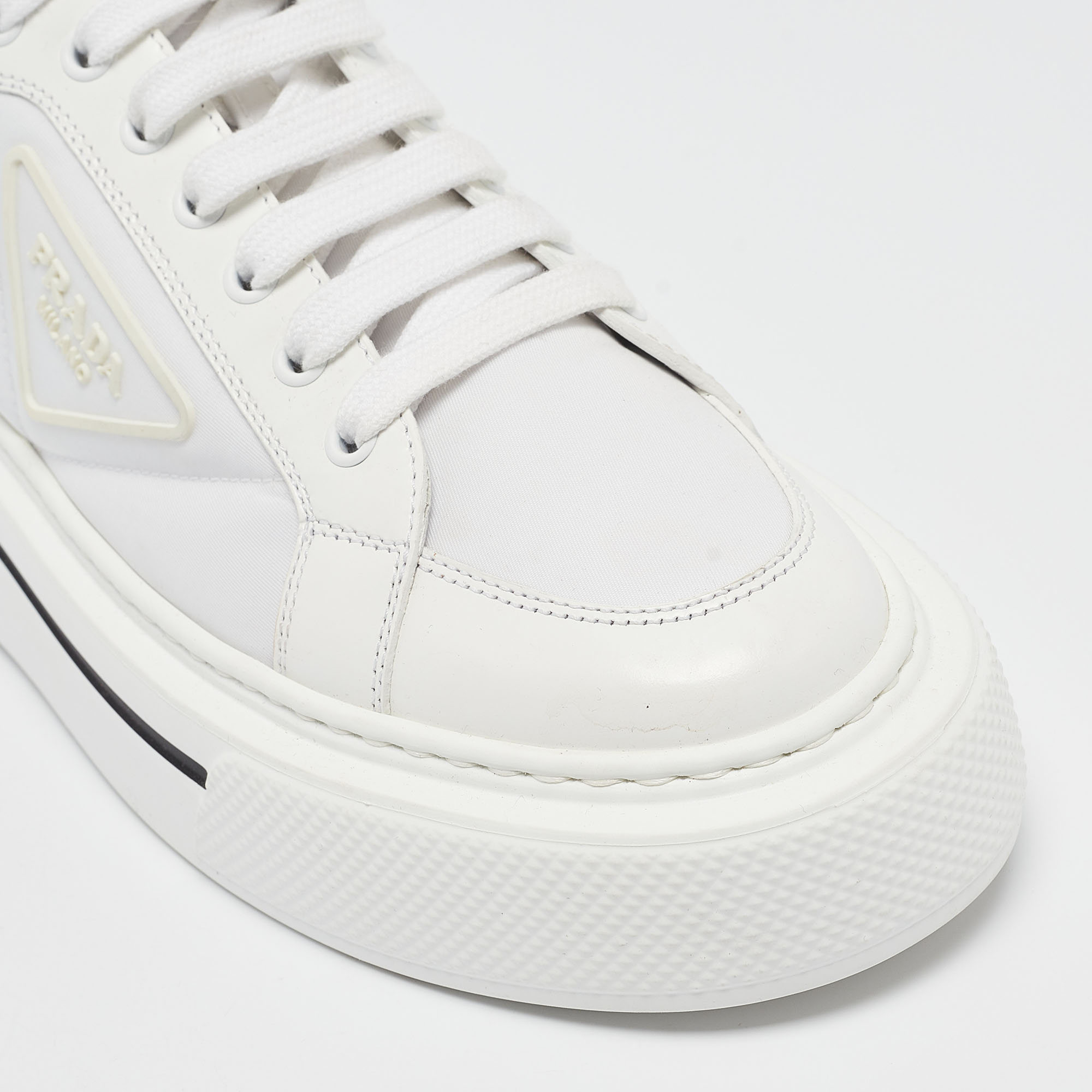 Prada White Leather And Nylon Lace Up Sneakers Size 39