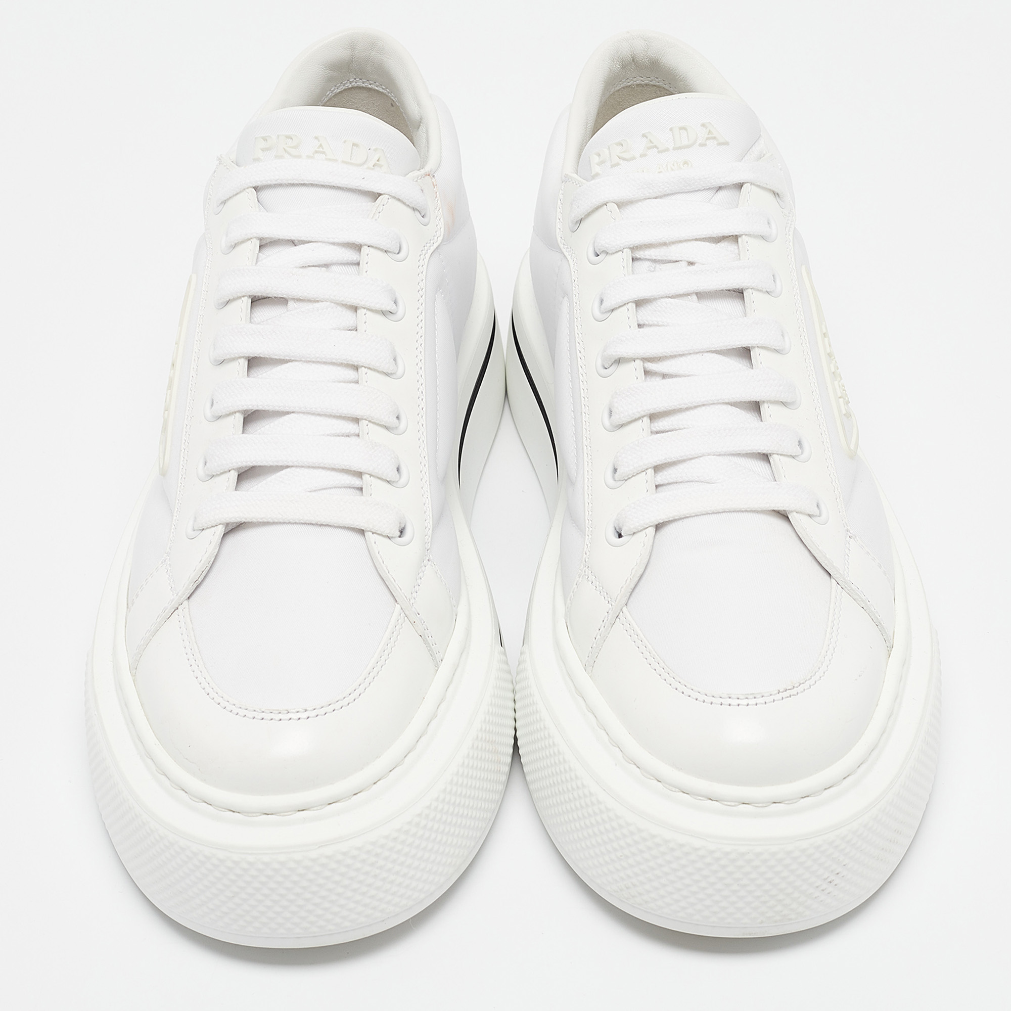 Prada White Leather And Nylon Lace Up Sneakers Size 39