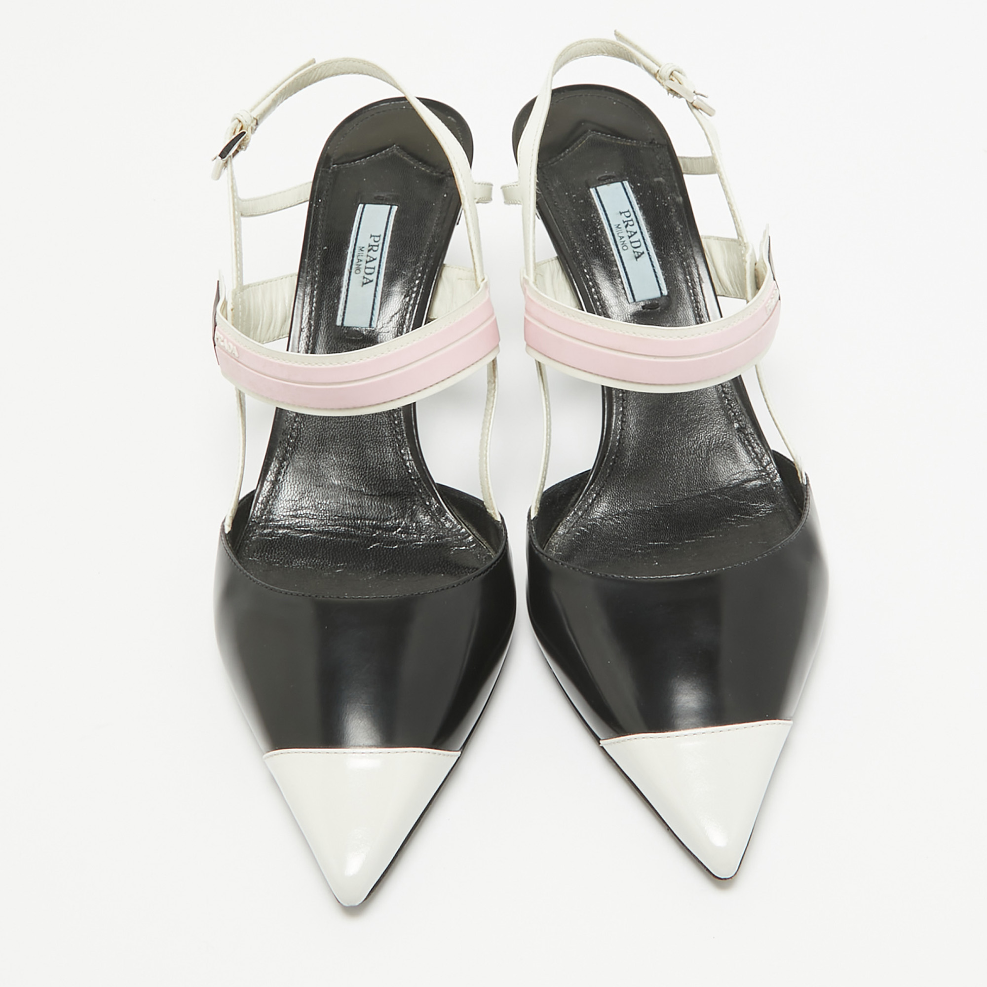 Prada Black/White Leather And Rubber Slingback Pumps Size 40.5