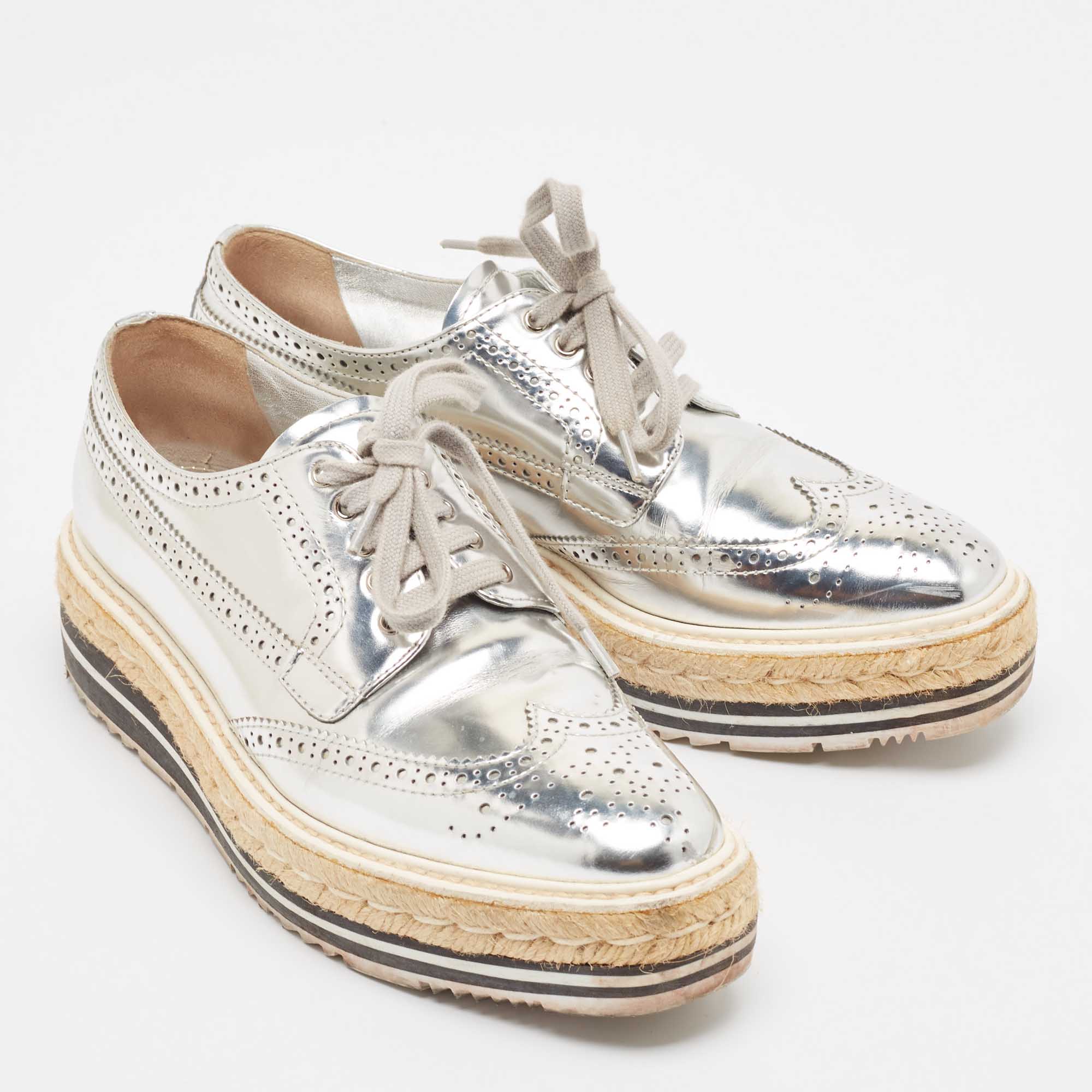 Prada Silver Leather Brogues Oxford Sneakers Size 38