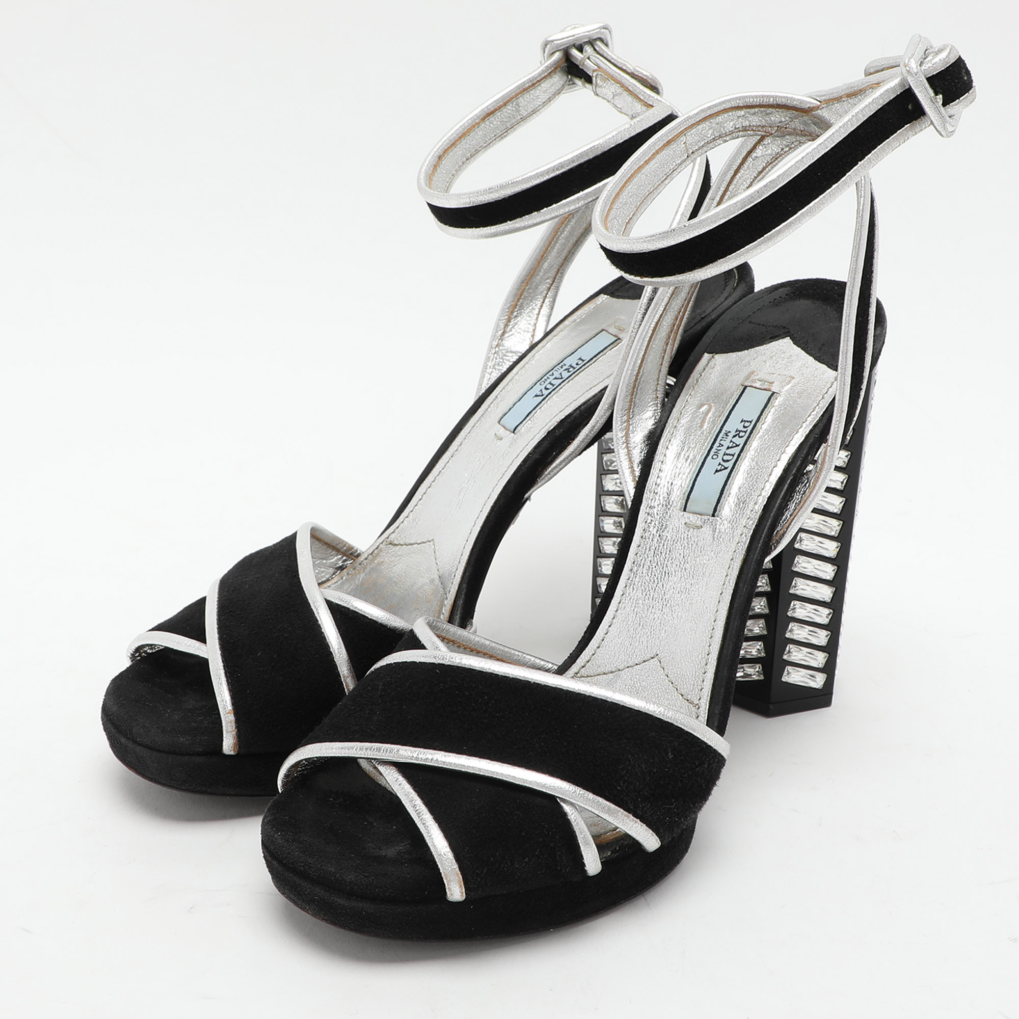 Prada Black/Silver Suede And Leather Ankle Strap Sandals Size 39.5