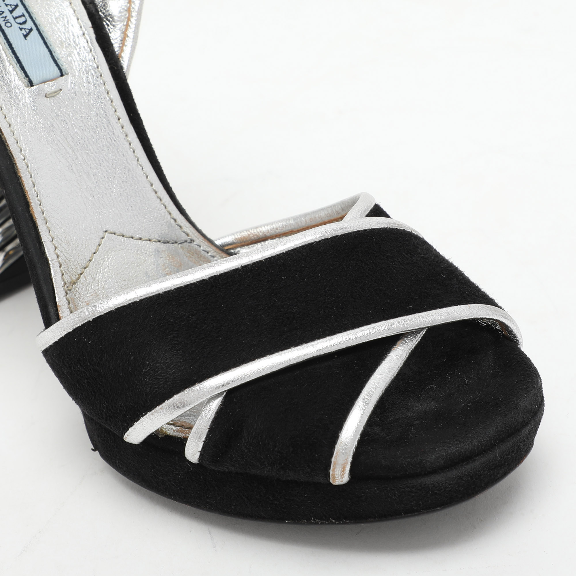 Prada Black/Silver Suede And Leather Ankle Strap Sandals Size 39.5