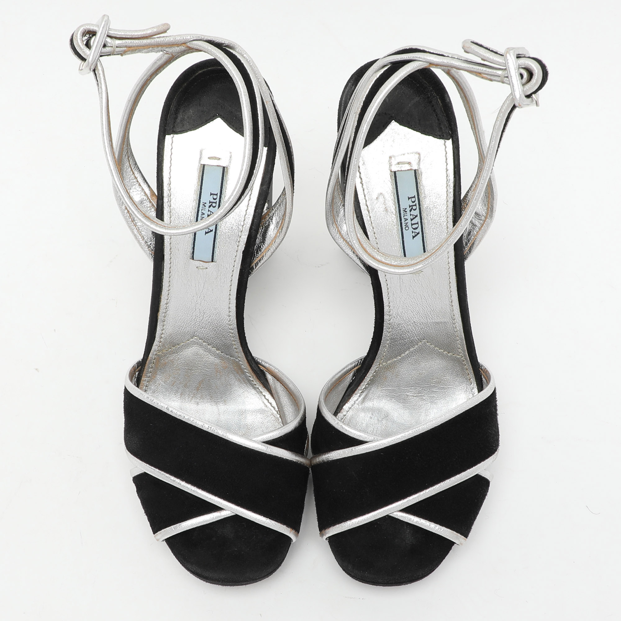 Prada Black/Silver Suede And Leather Ankle Strap Sandals Size 39.5