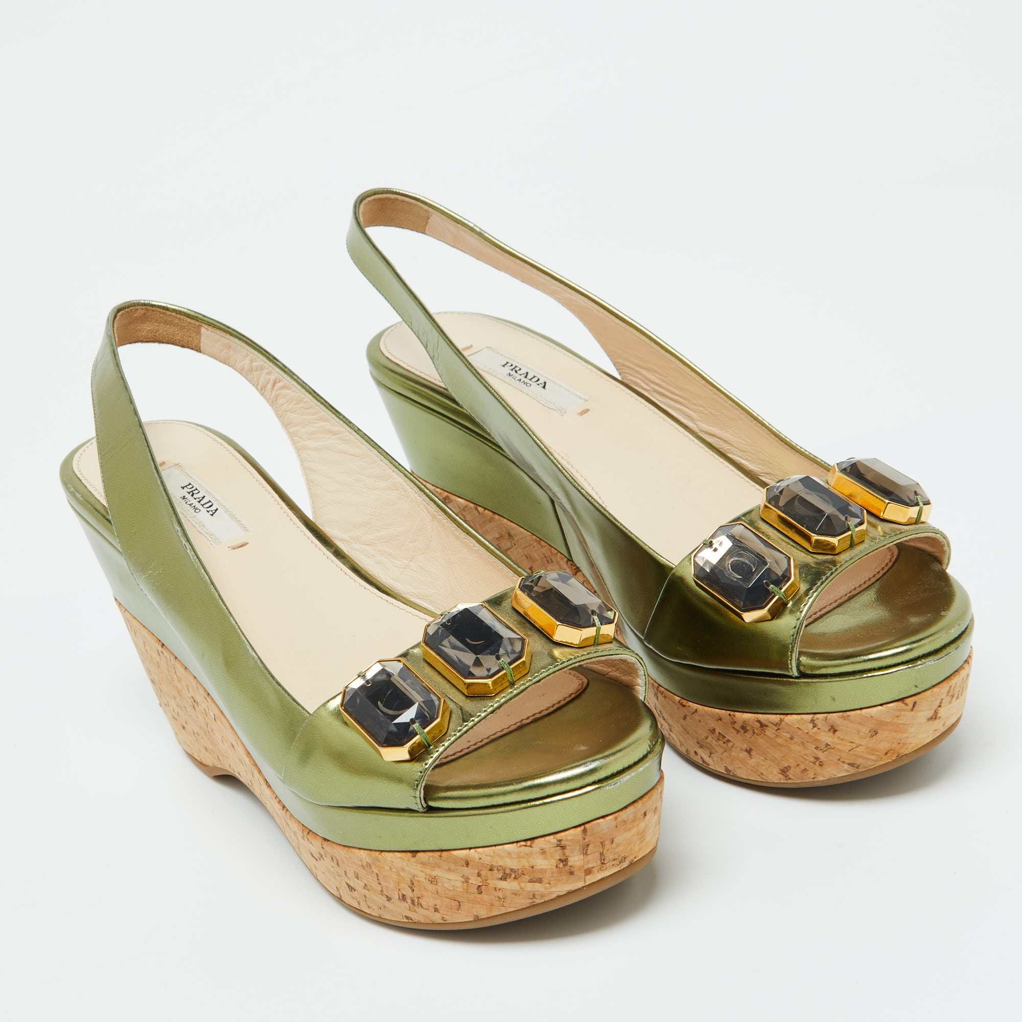 Prada Green Leather Cork Platform Wedge Slingback Sandals Size 36