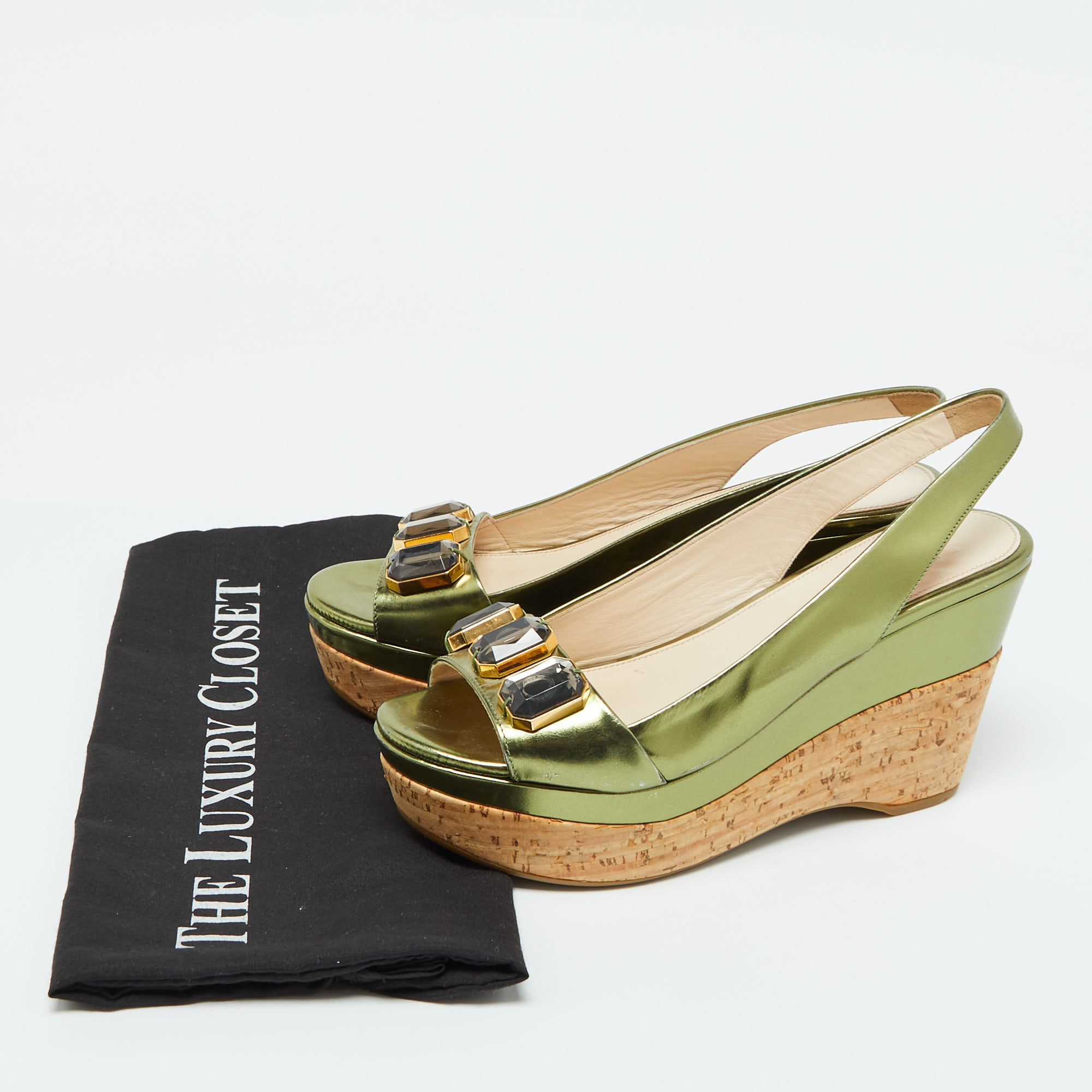 Prada Green Leather Cork Platform Wedge Slingback Sandals Size 36