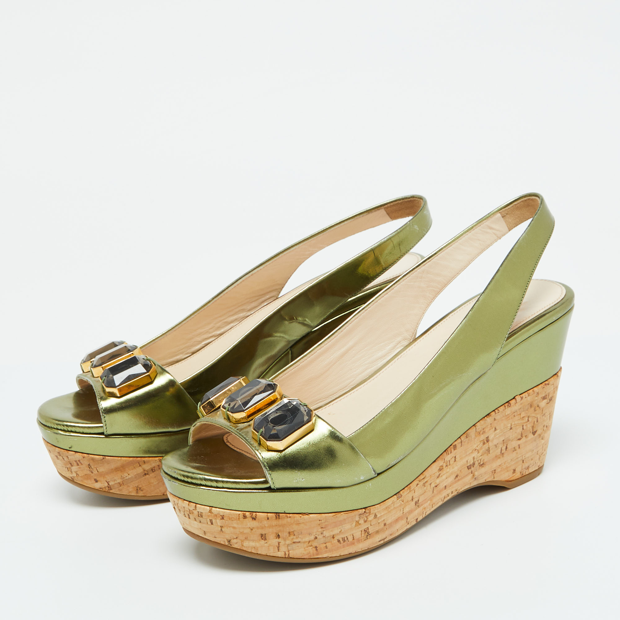 Prada Green Leather Cork Platform Wedge Slingback Sandals Size 36