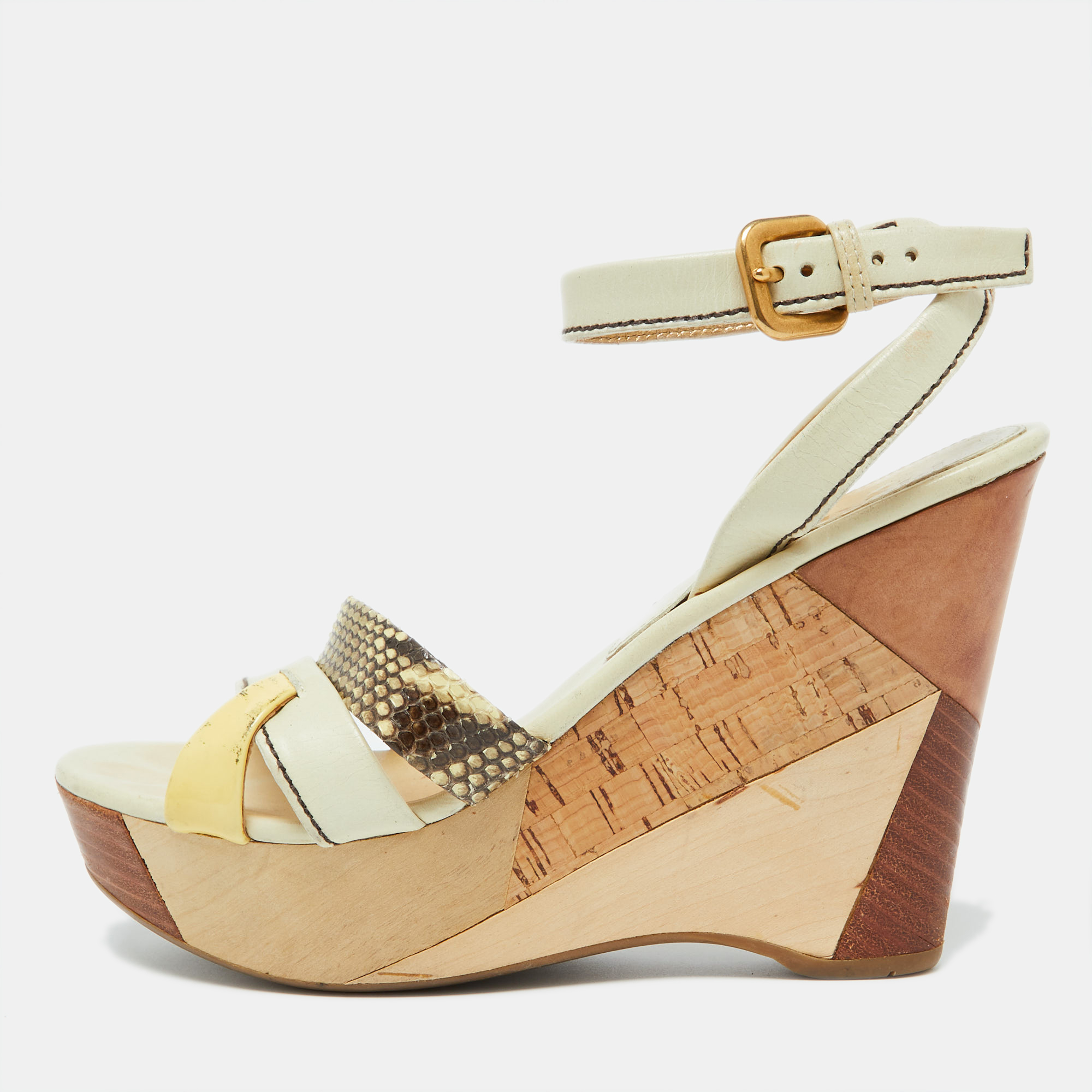 Prada Cream Leather and Snakeskin Leather Platform Wedge Sandals Size
Prada Cream Leather and Snakeskin Leather Platform Wedge Sandals Size