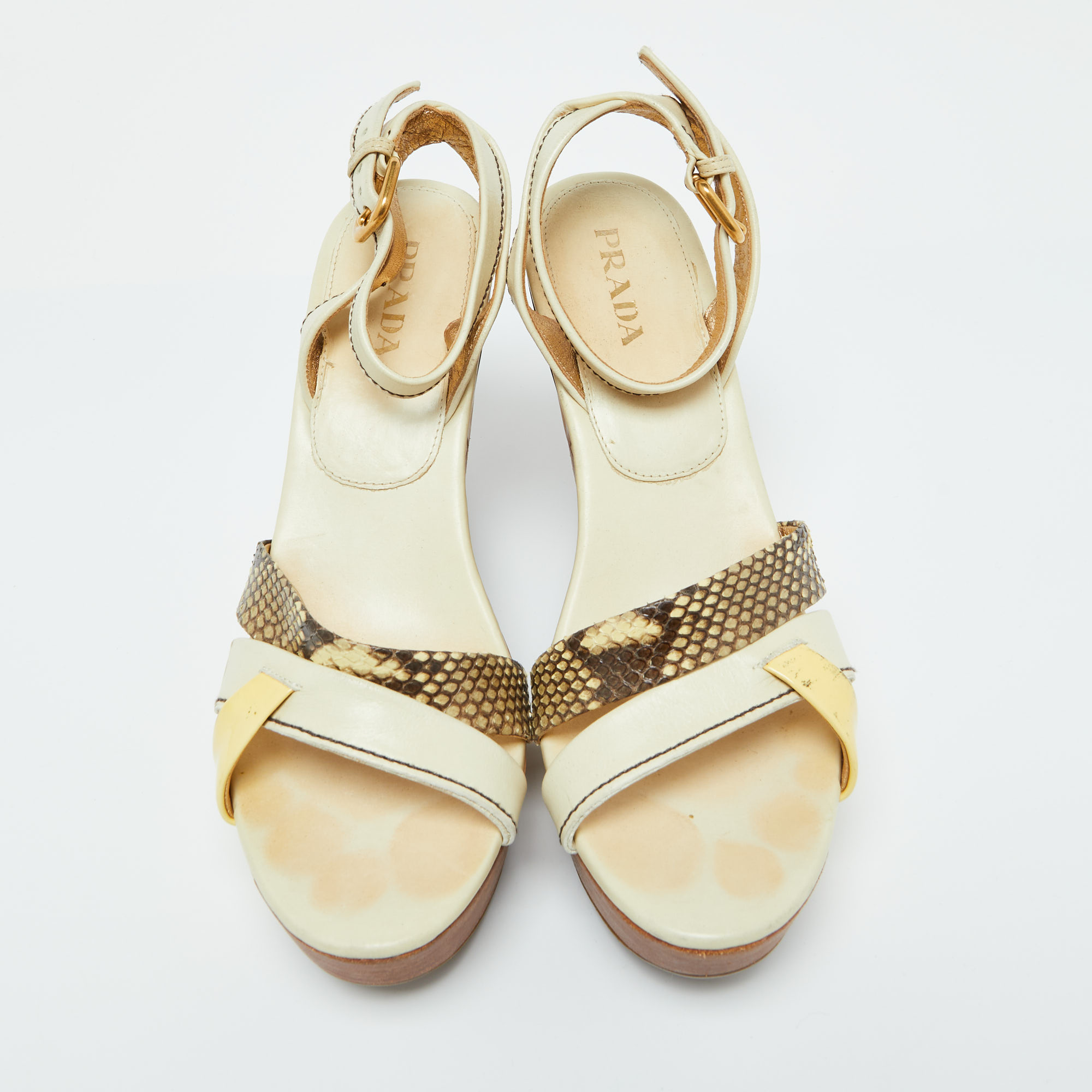 Prada Cream Leather And Snakeskin Leather Platform Wedge Sandals Size 39