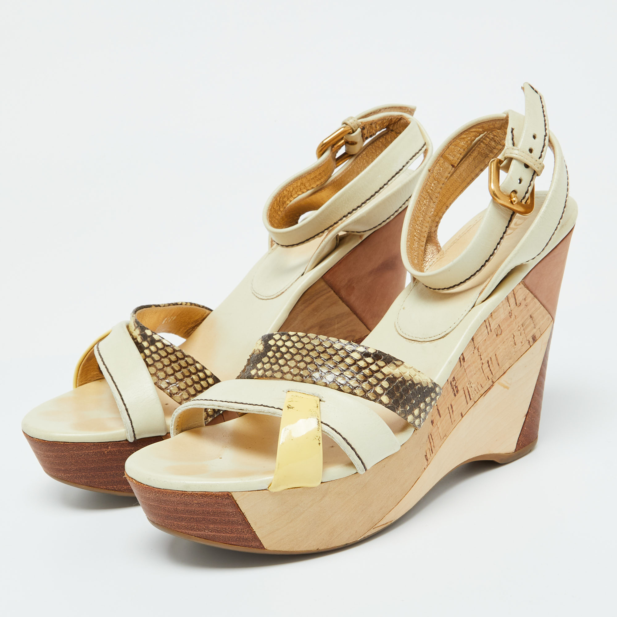 Prada Cream Leather And Snakeskin Leather Platform Wedge Sandals Size 39