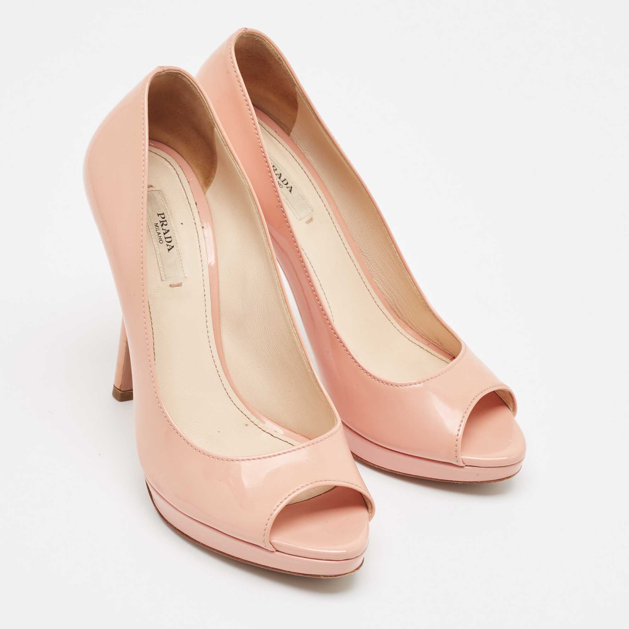 Prada Pink Patent Leather Peep Toe Platform Pumps Size 37.5