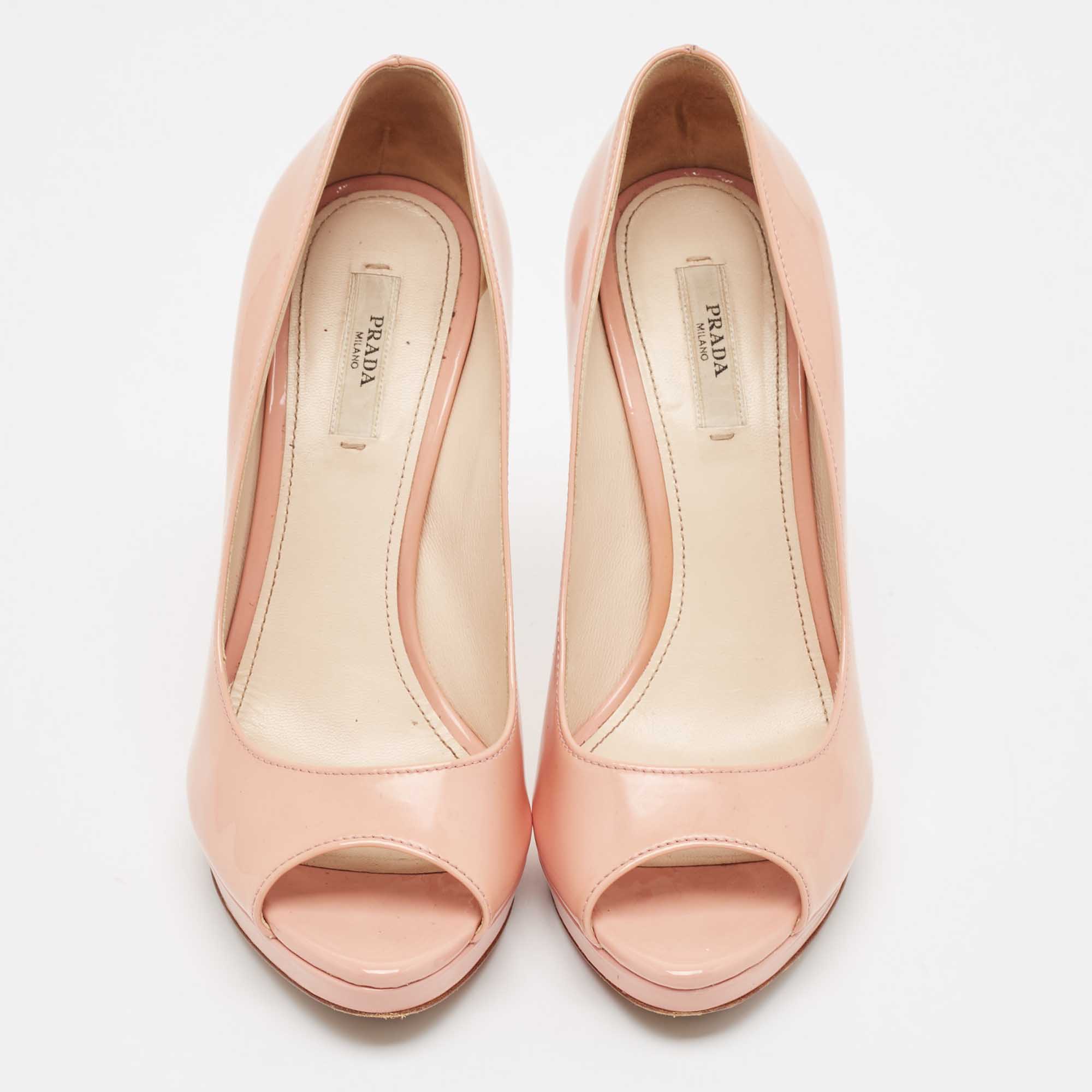 Prada Pink Patent Leather Peep Toe Platform Pumps Size 37.5