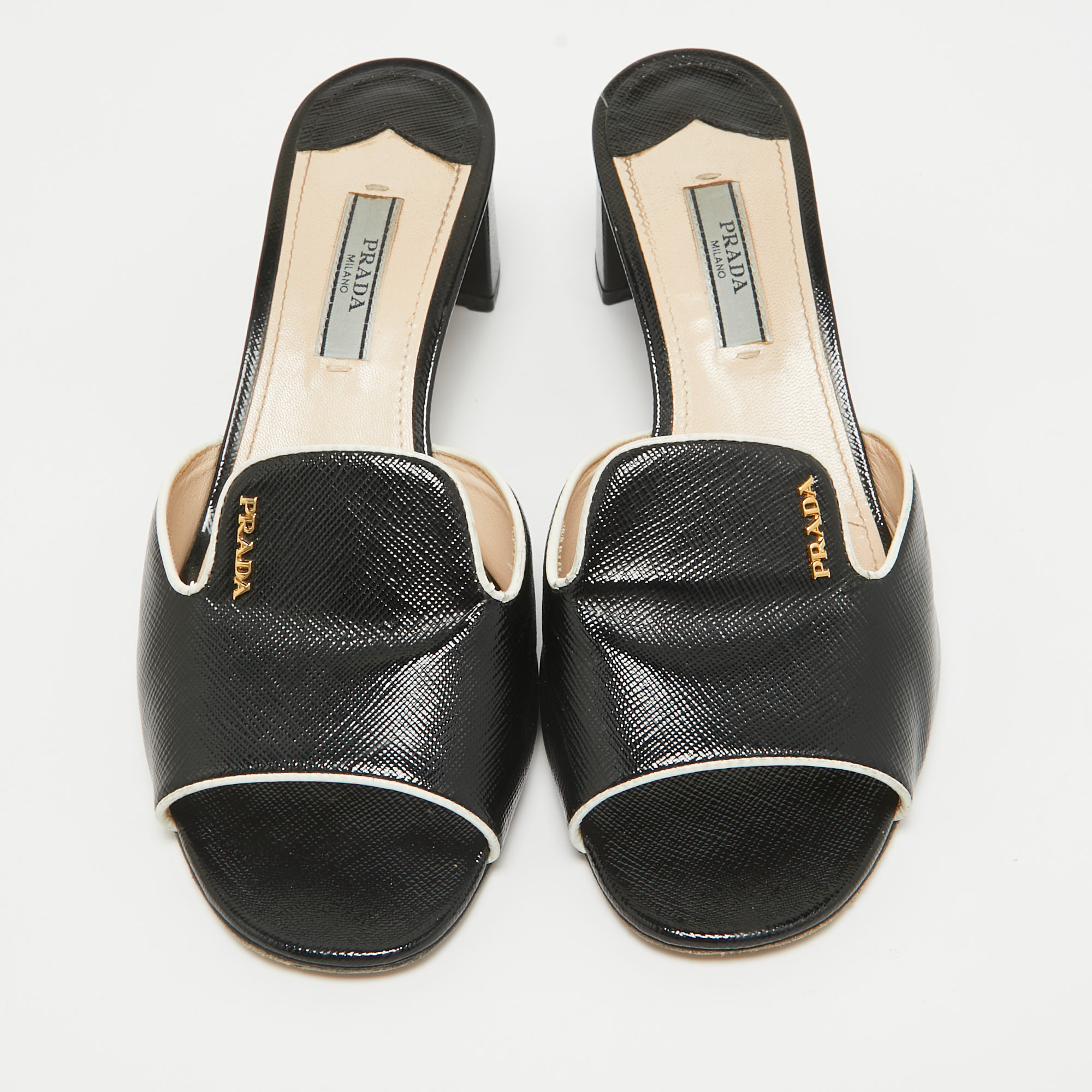 Prada Black Vernice Saffiano Leather Slide Sandals Size 36.5