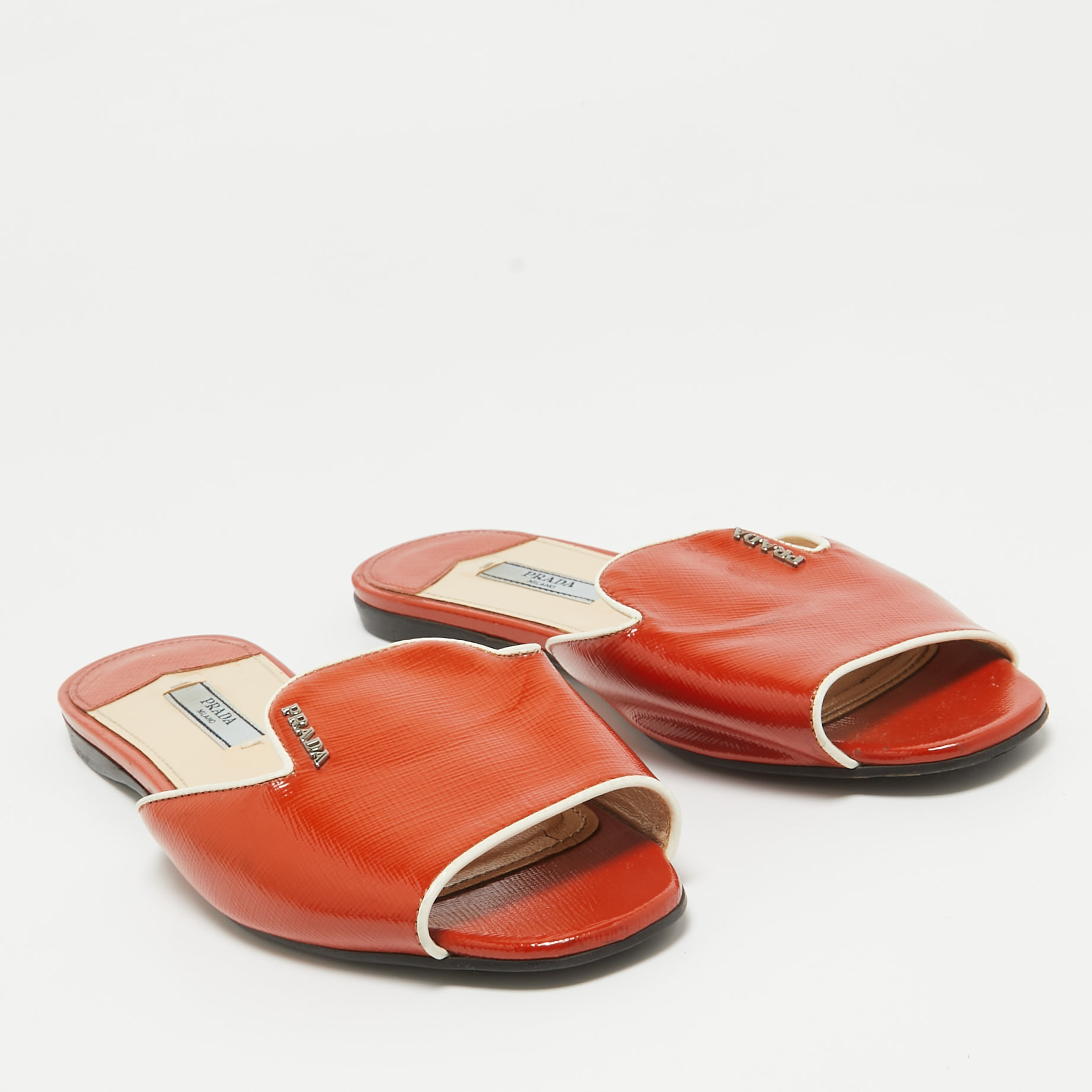 Prada Orange Patent Leather Flat Slides Size 36