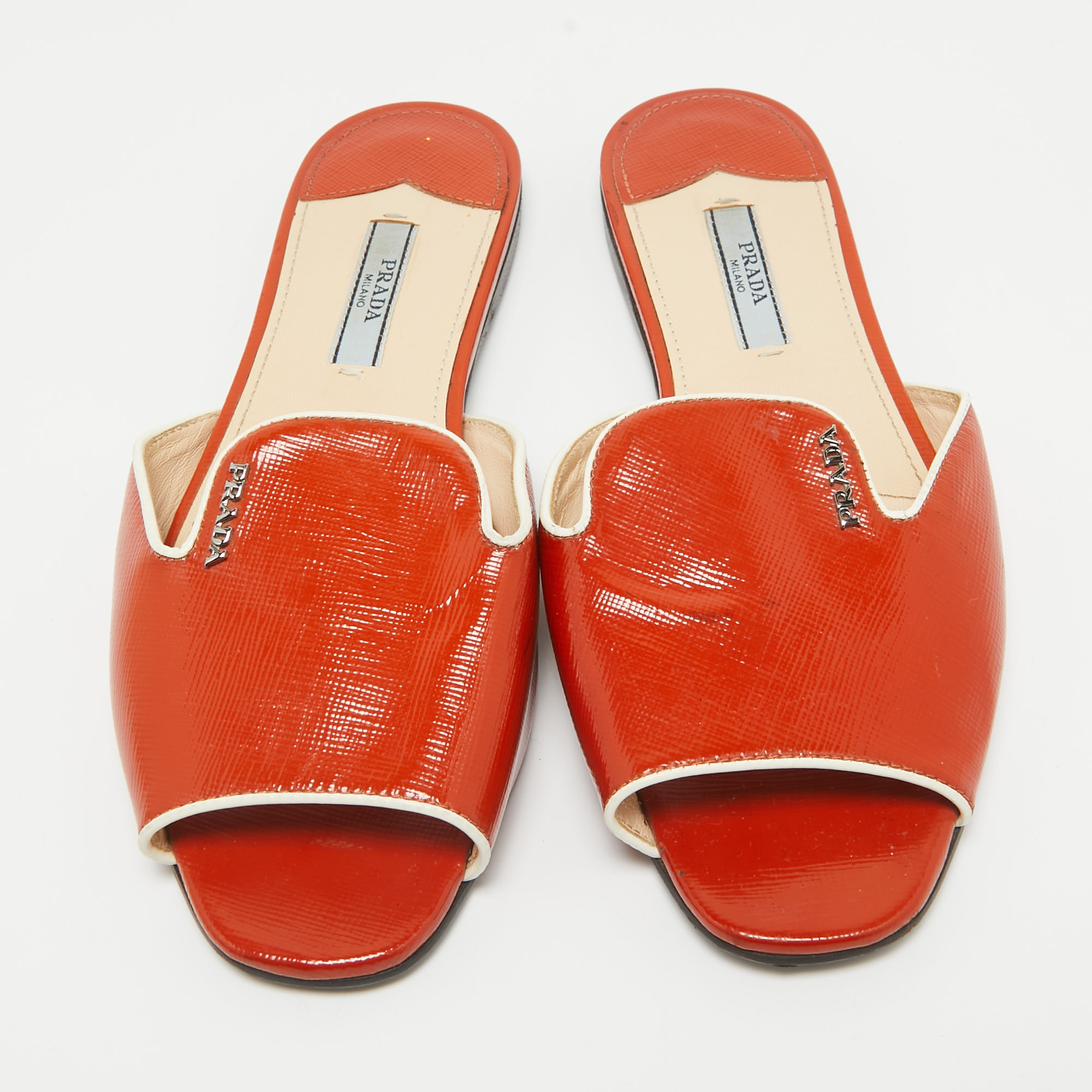 Prada Orange Patent Leather Flat Slides Size 36