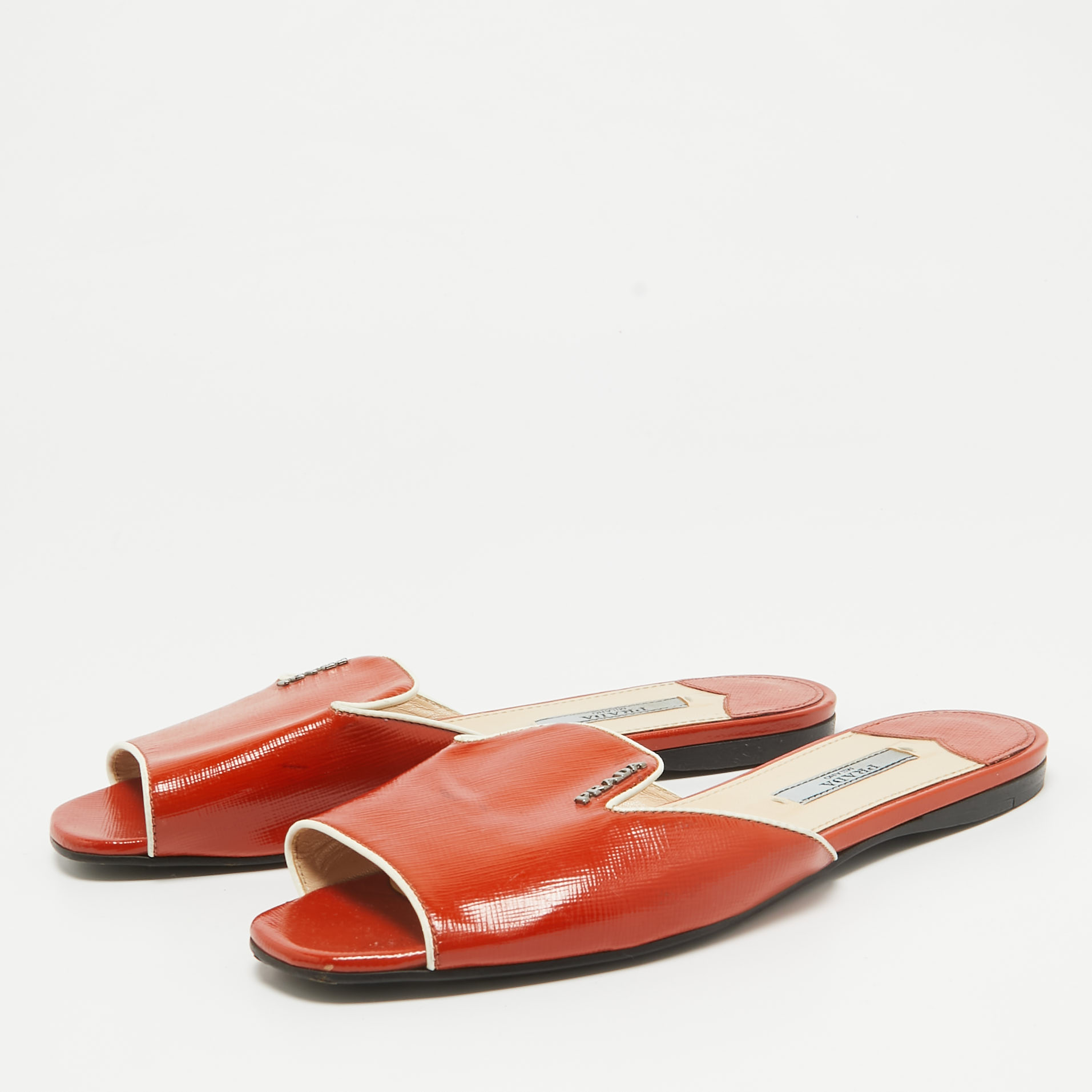 Prada Orange Patent Leather Flat Slides Size 36