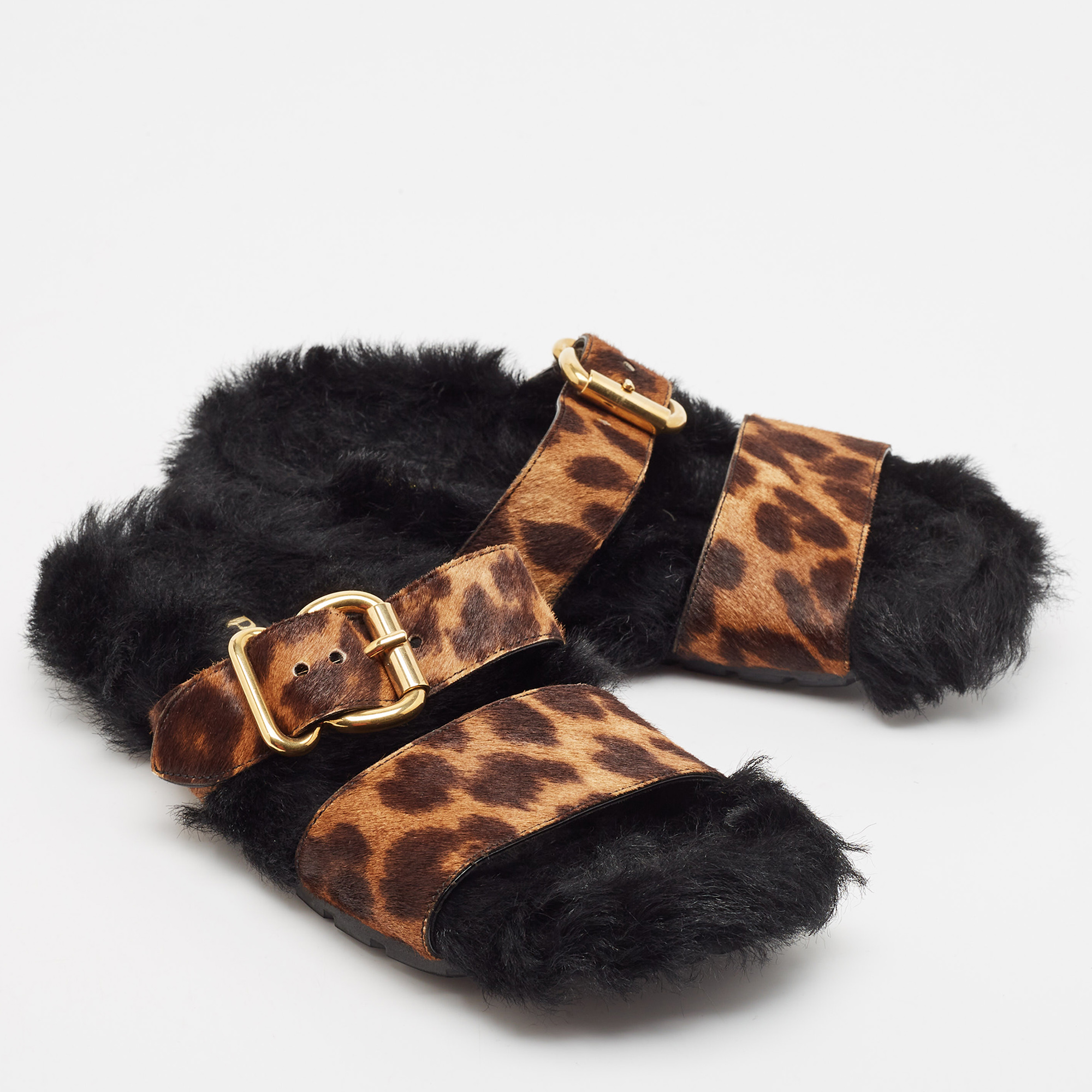 Prada Brown Calf Hair And Fur Buckle Flat Slides Size  38