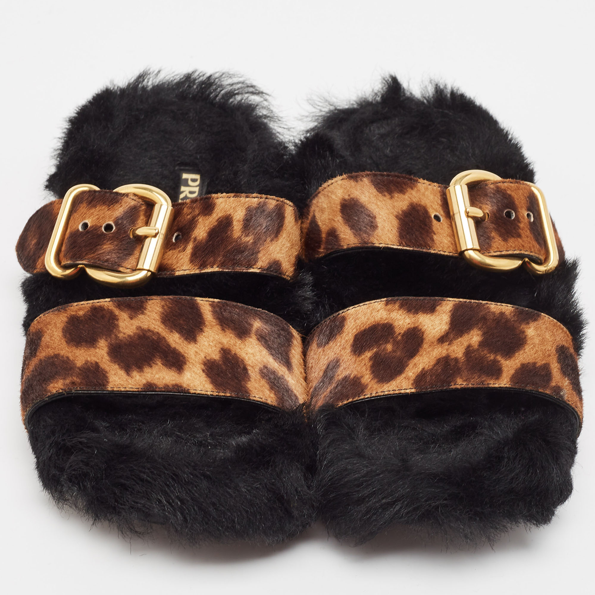 Prada Brown Calf Hair And Fur Buckle Flat Slides Size  38