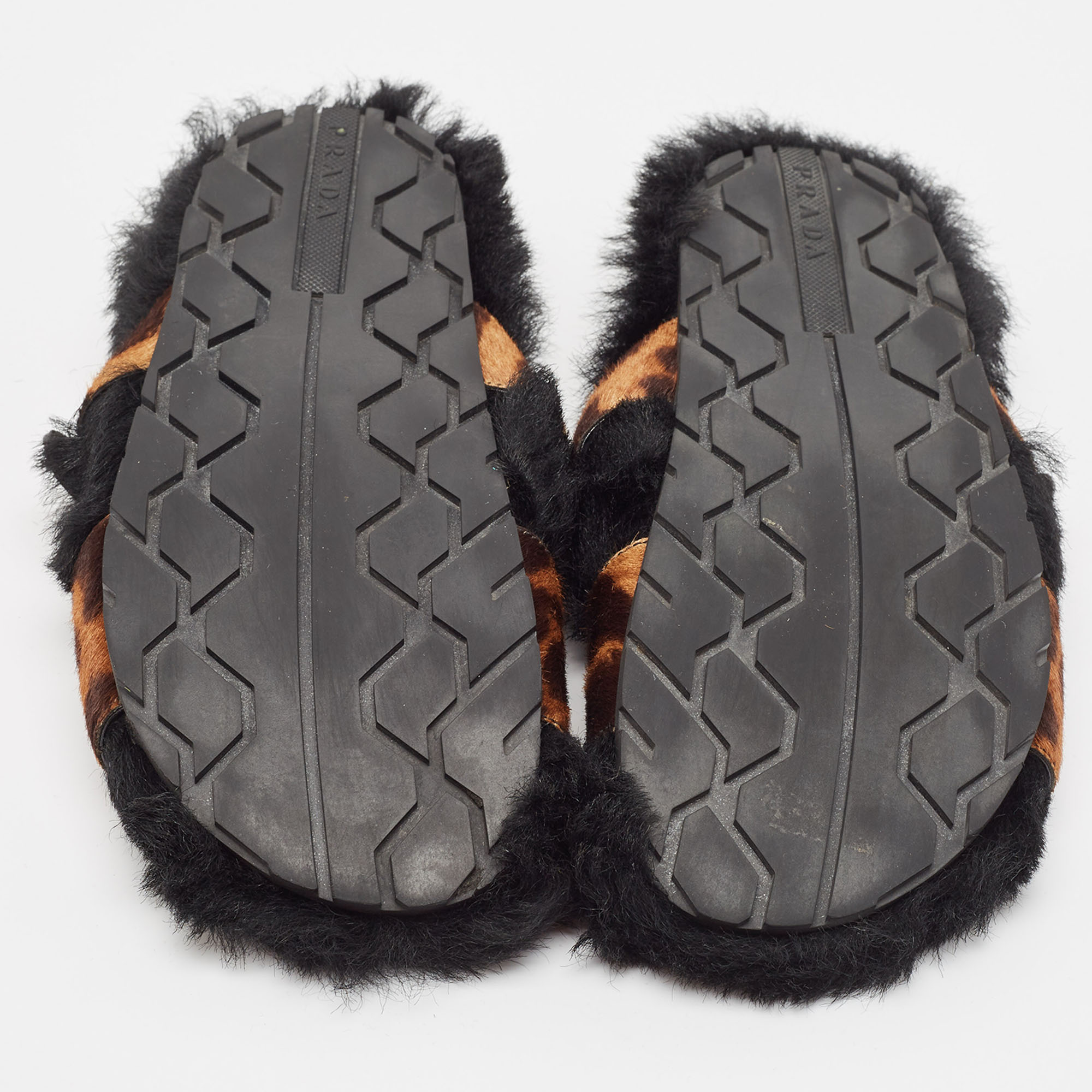 Prada Brown Calf Hair And Fur Buckle Flat Slides Size  38