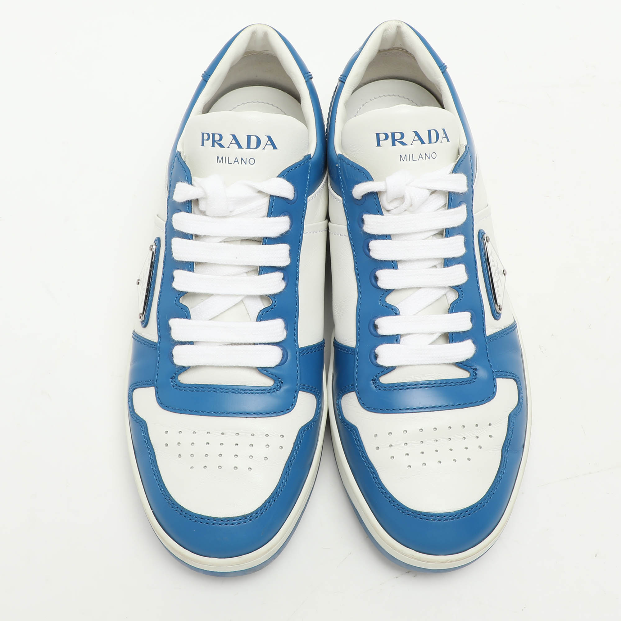 Prada White/Blue Leather Downtown Low Top Sneakers Size 39