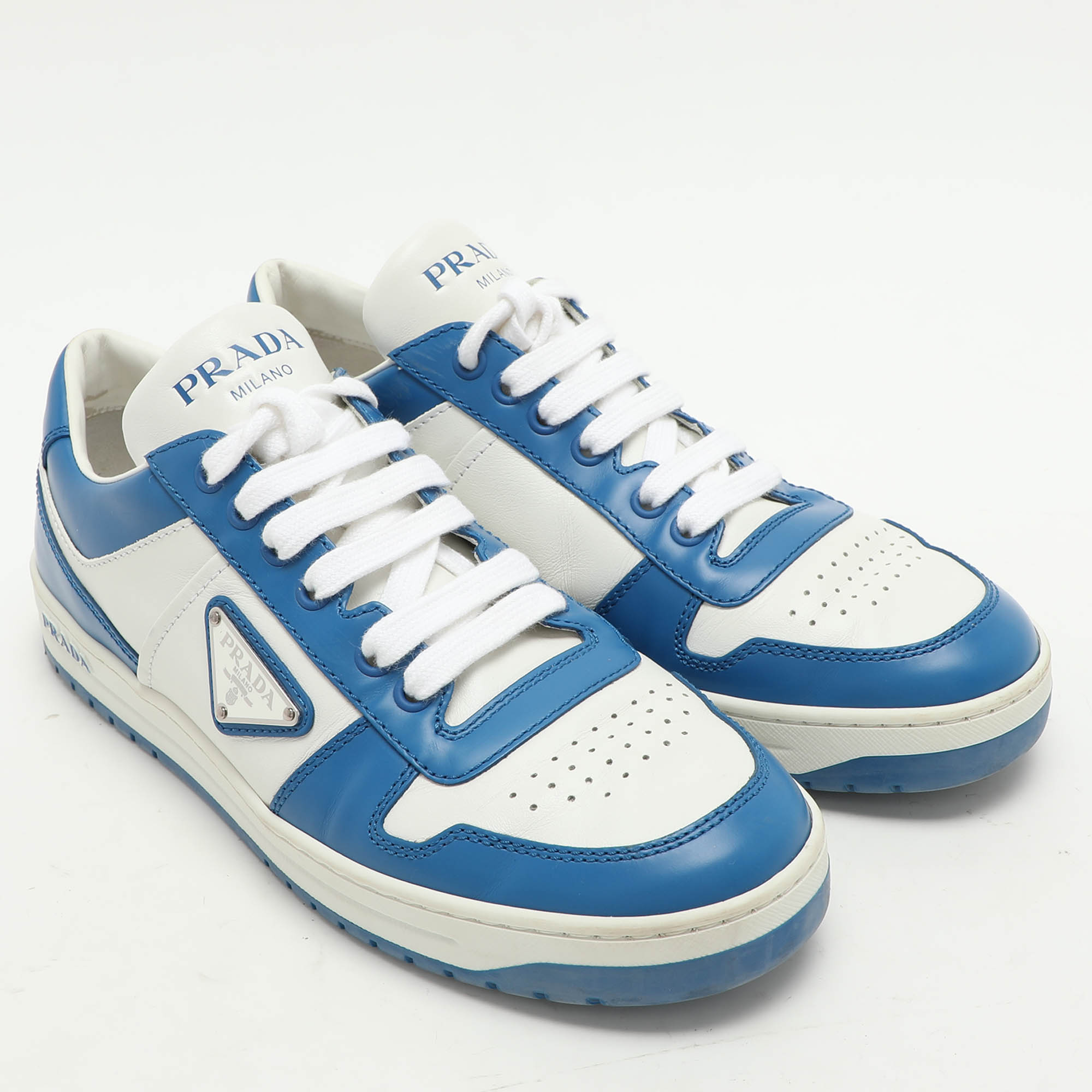 Prada White/Blue Leather Downtown Low Top Sneakers Size 39