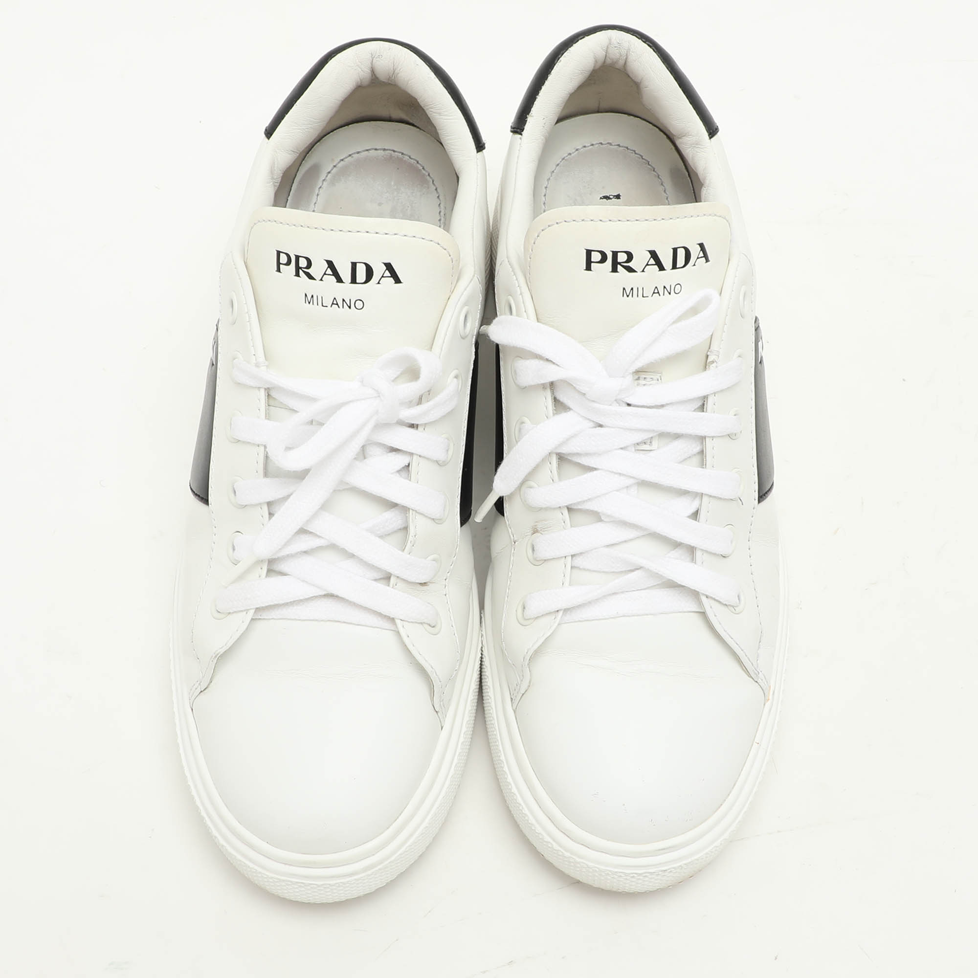 Prada White/Black Leather Low Top Sneakers Size 38.5