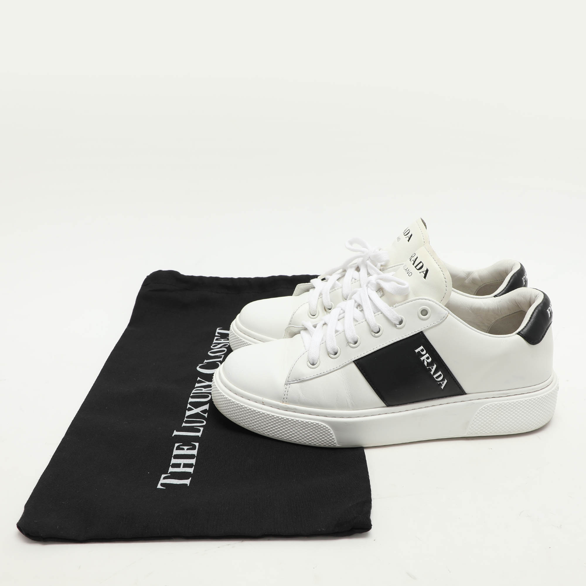 Prada White/Black Leather Low Top Sneakers Size 38.5