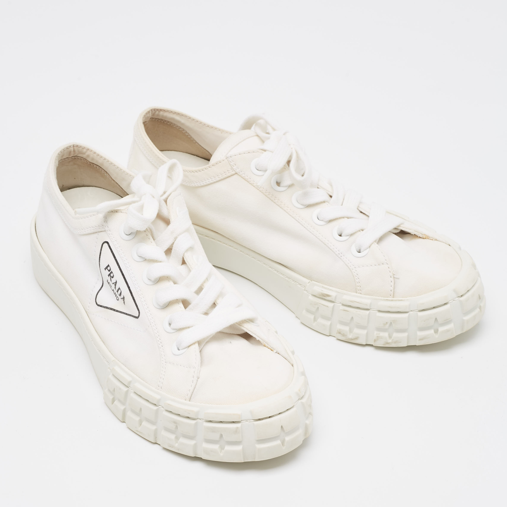 Prada White Canvas Double Wheel Platform Sneakers Size 40