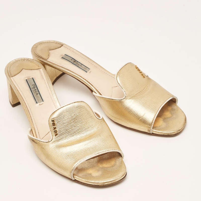 Prada Gold Saffiano Leather Slide Sandals Size 40.5