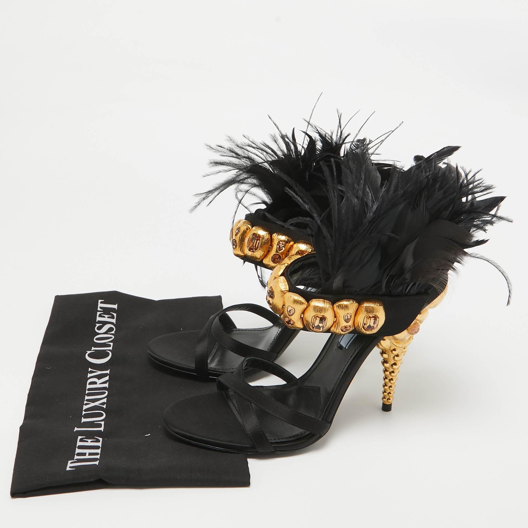 Prada Black Satin And Feather Ankle Strap Sandals Size 38.5