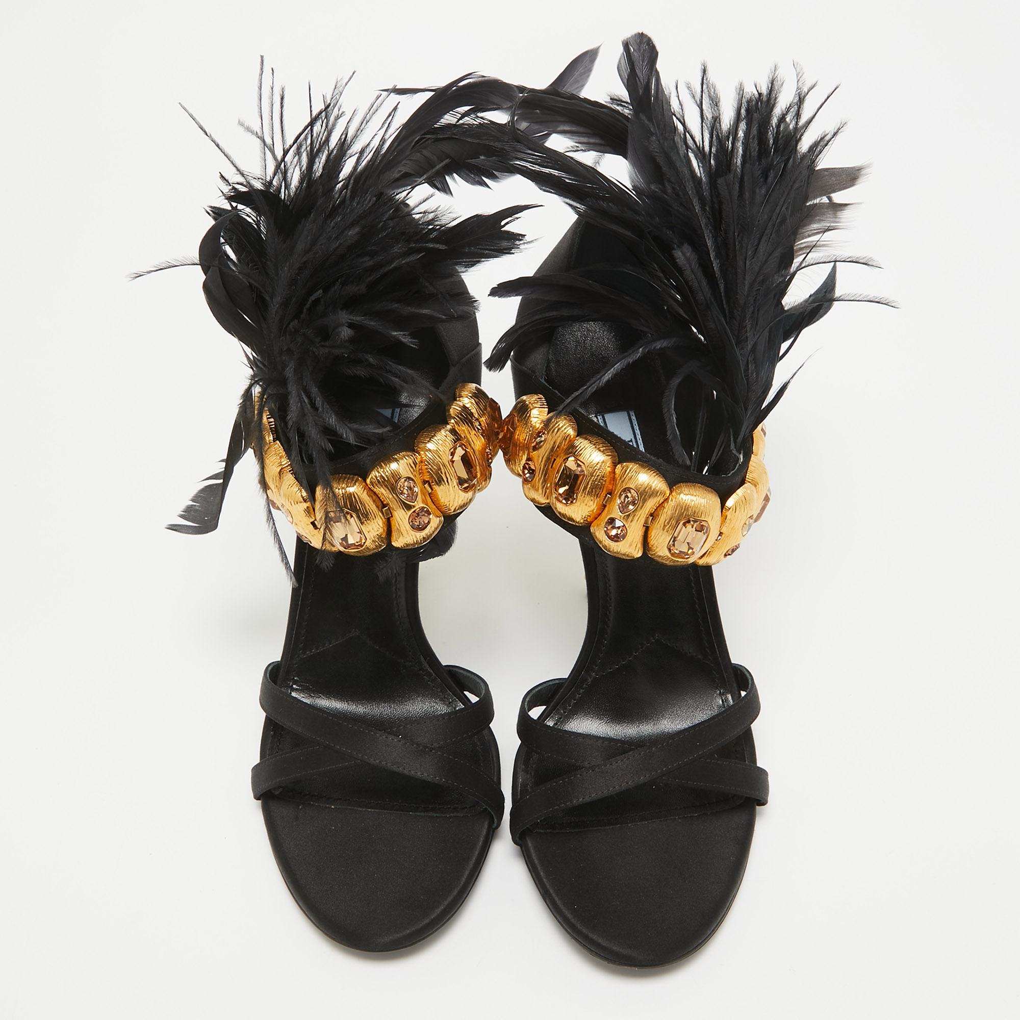 Prada Black Satin And Feather Ankle Strap Sandals Size 38.5