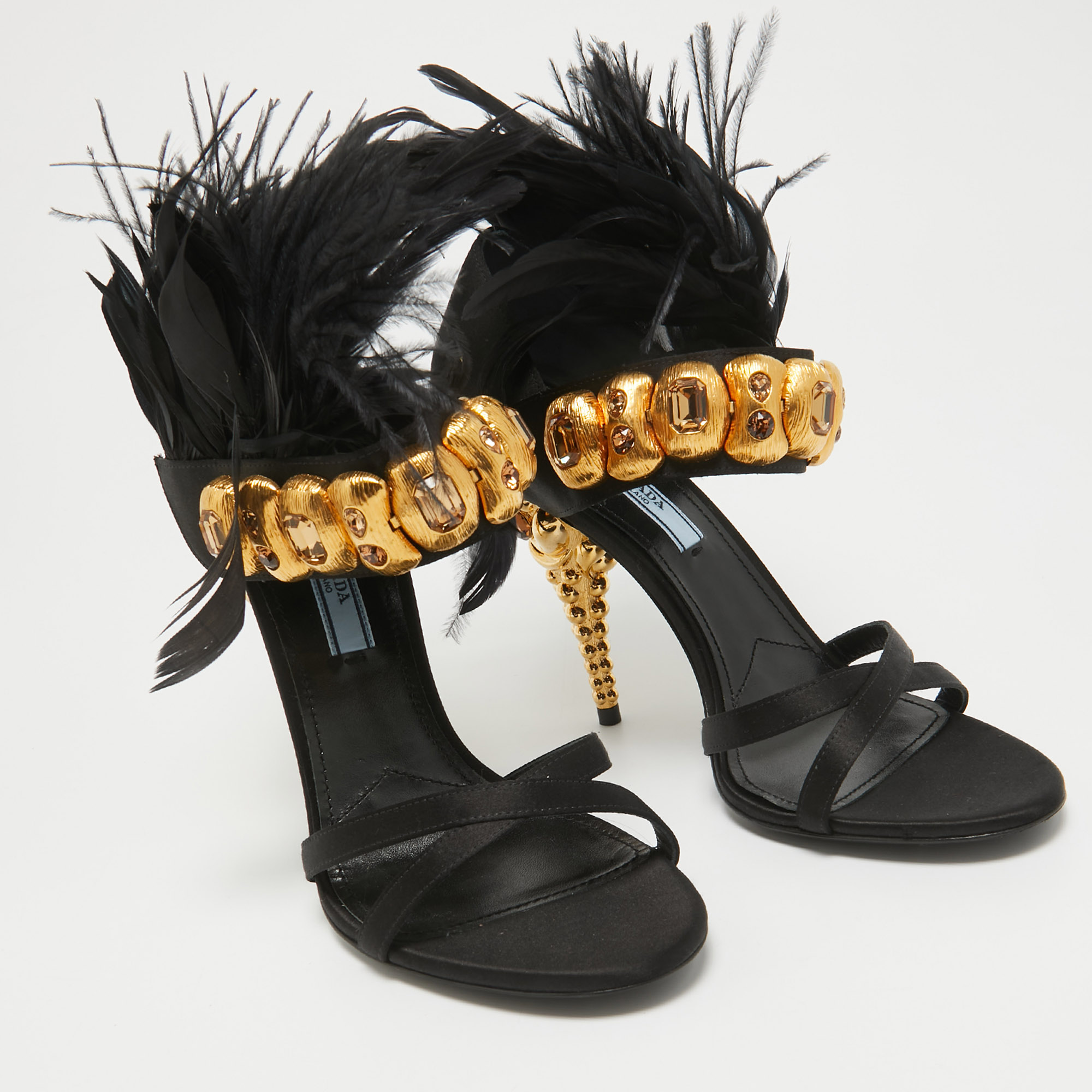 Prada Black Satin And Feather Ankle Strap Sandals Size 38.5