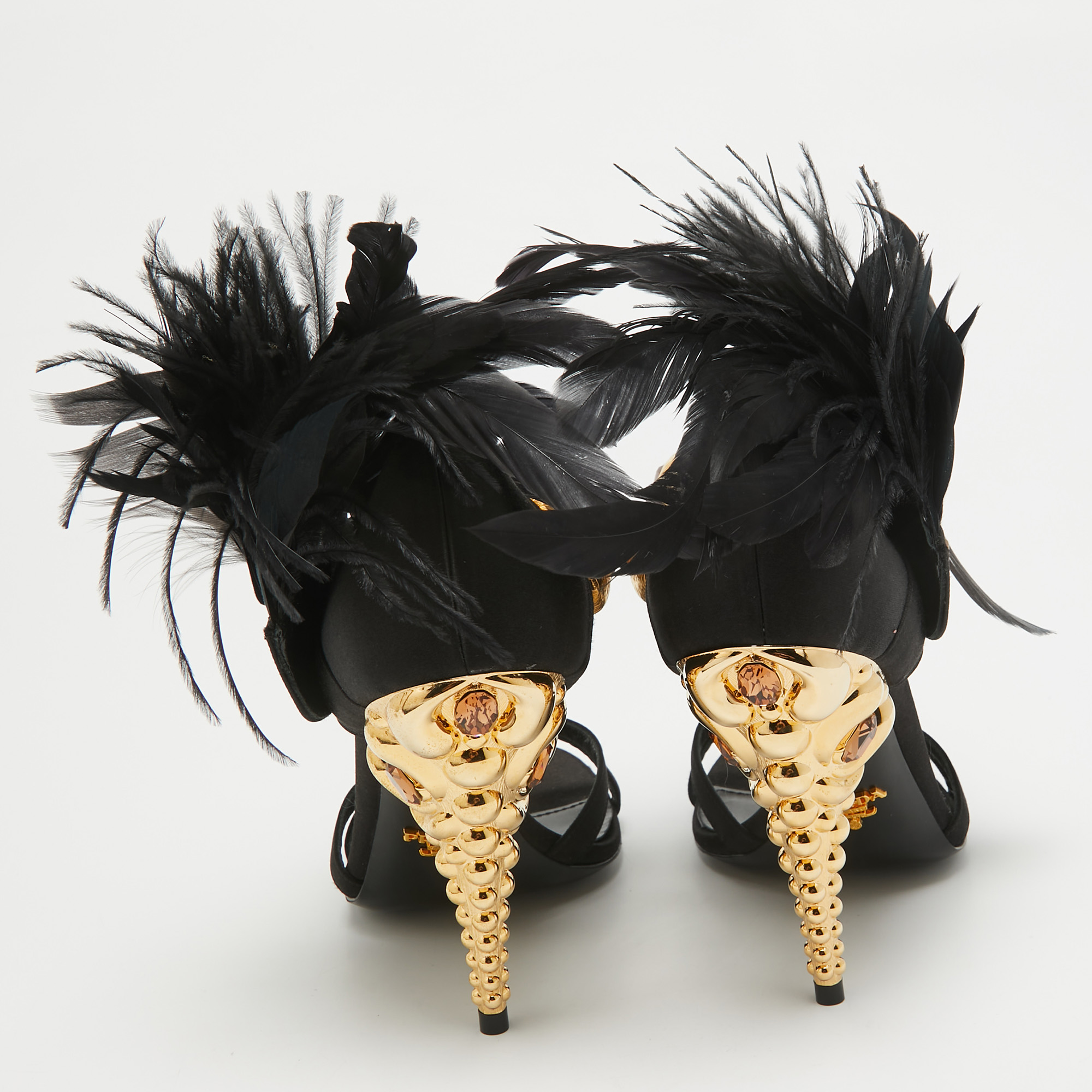 Prada Black Satin And Feather Ankle Strap Sandals Size 38.5