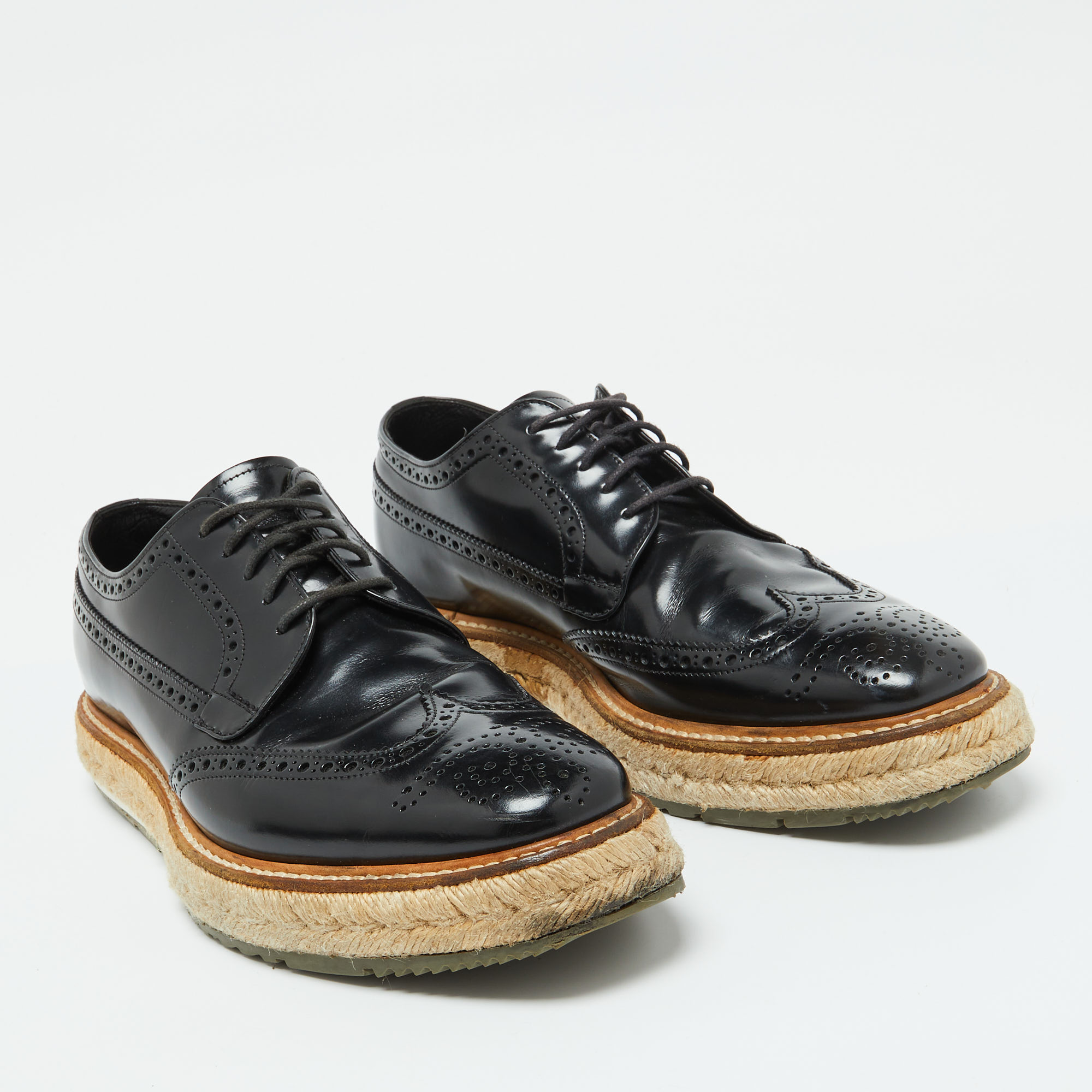 Prada Black Leather Brogue Wingtip Espadrille Platform Derby Size 38.5