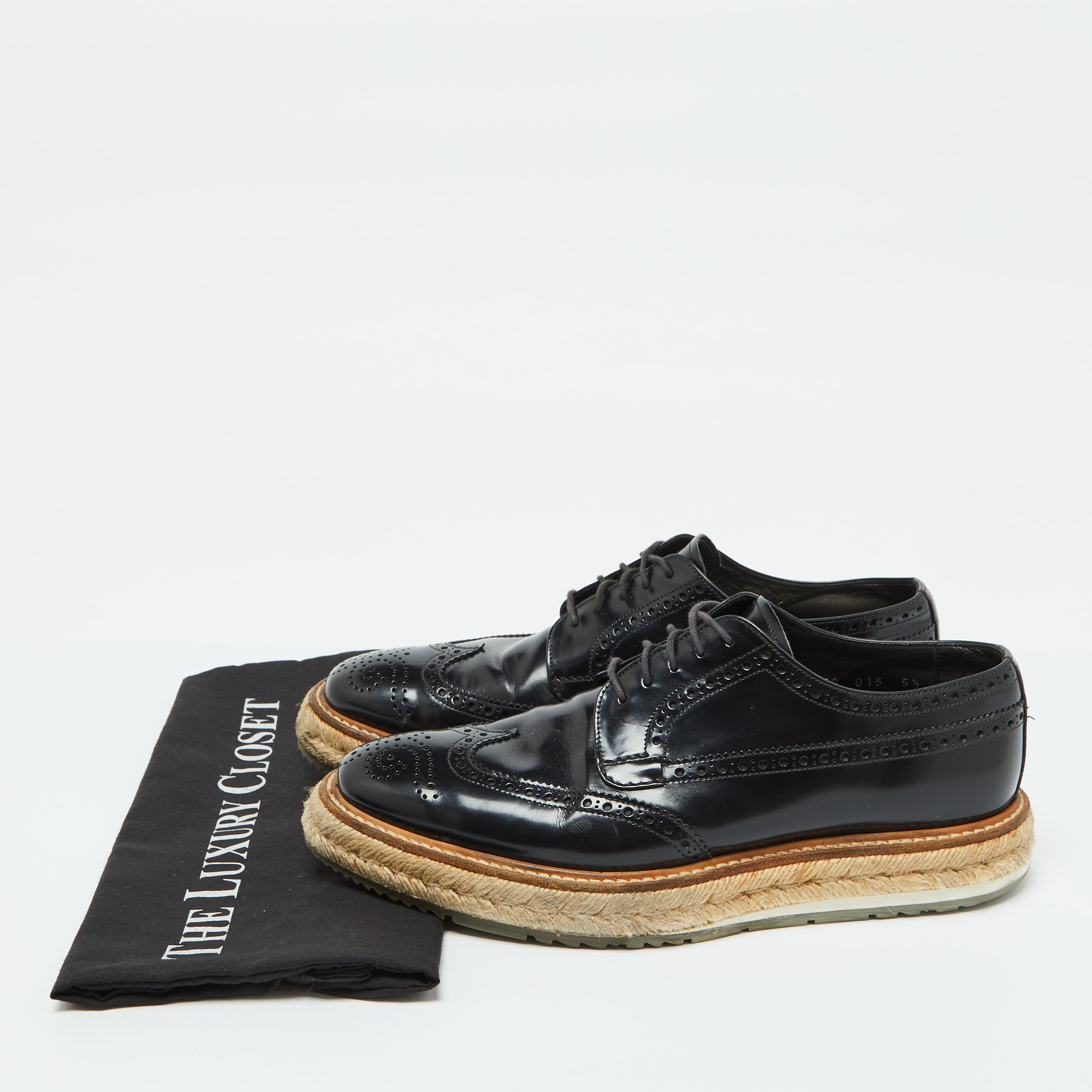 Prada Black Leather Brogue Wingtip Espadrille Platform Derby Size 38.5