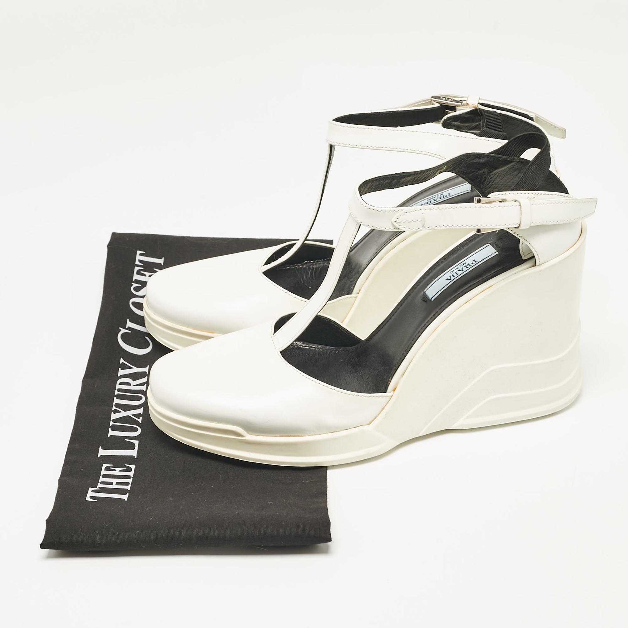 Prada White Leather T-Strap Wedge Sandals Size 40