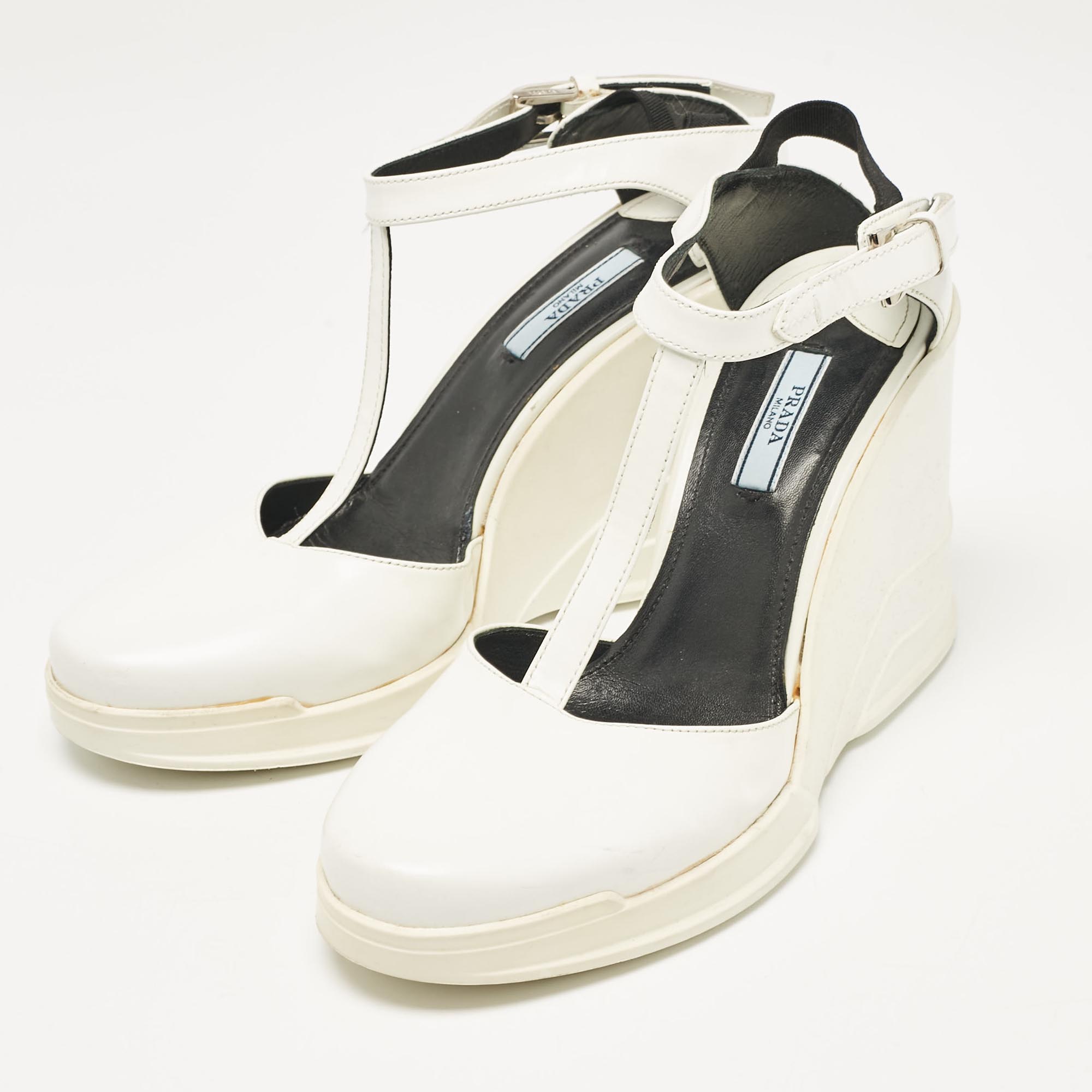 Prada White Leather T-Strap Wedge Sandals Size 40